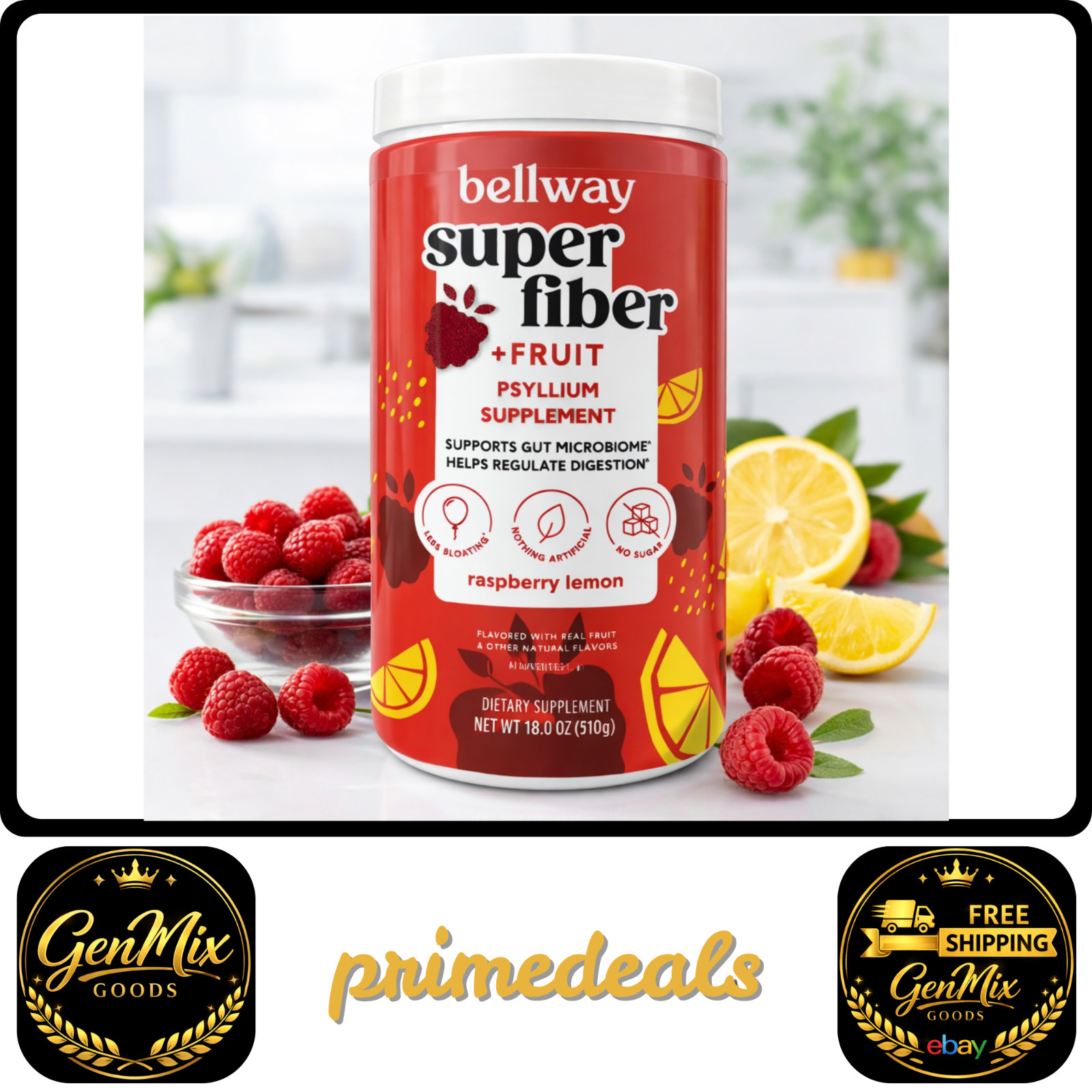 Bellway Super Fiber Fruit, Psyllium Husk Fiber Supplement, Raspberry Lemon, 18oz
