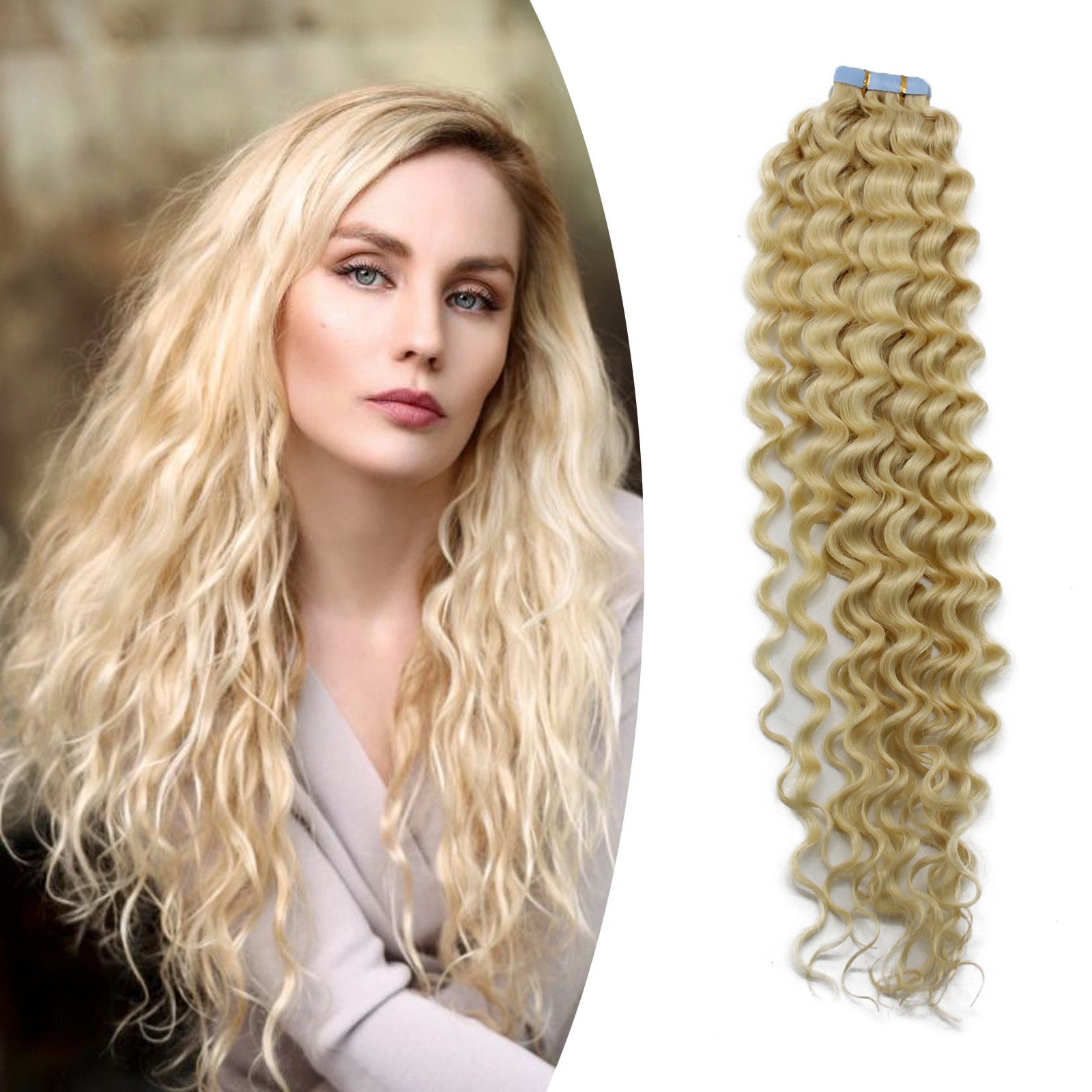 Tape in Human Hair Extensions Skin Weft Remy Curly Hair Platinum Blonde 18in20pc