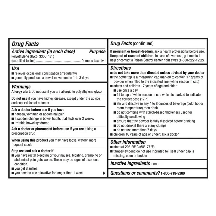 Equate ClearLAX Polyethylene Glycol 3350 Powder Unflavored 7 Doses vs MiraLAX