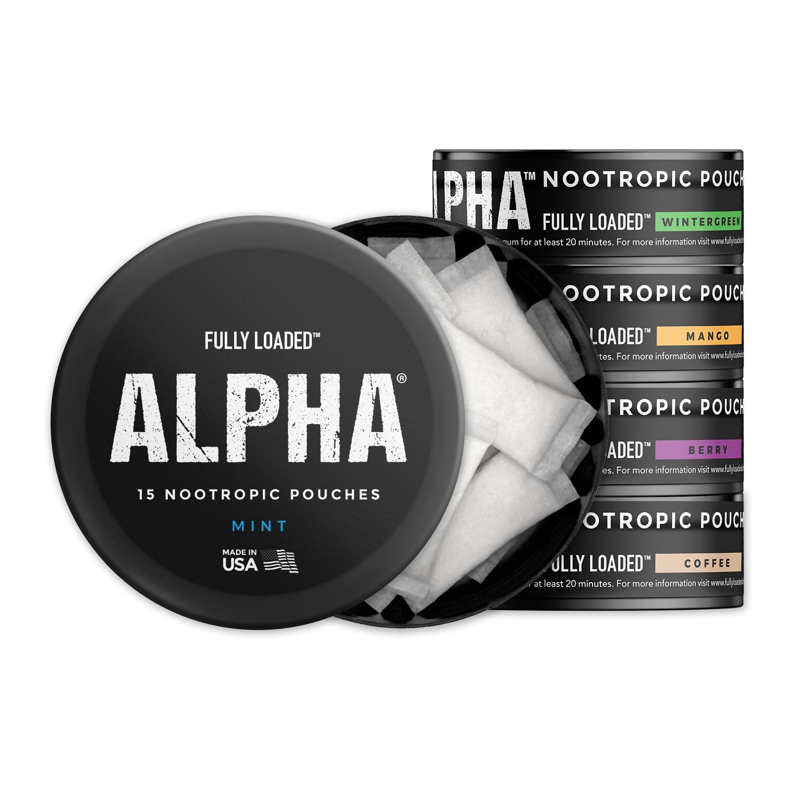 Fully Loaded Alpha Nootropic Pouches Variety Pack 5 Cans 75 Total Pouches 1…
