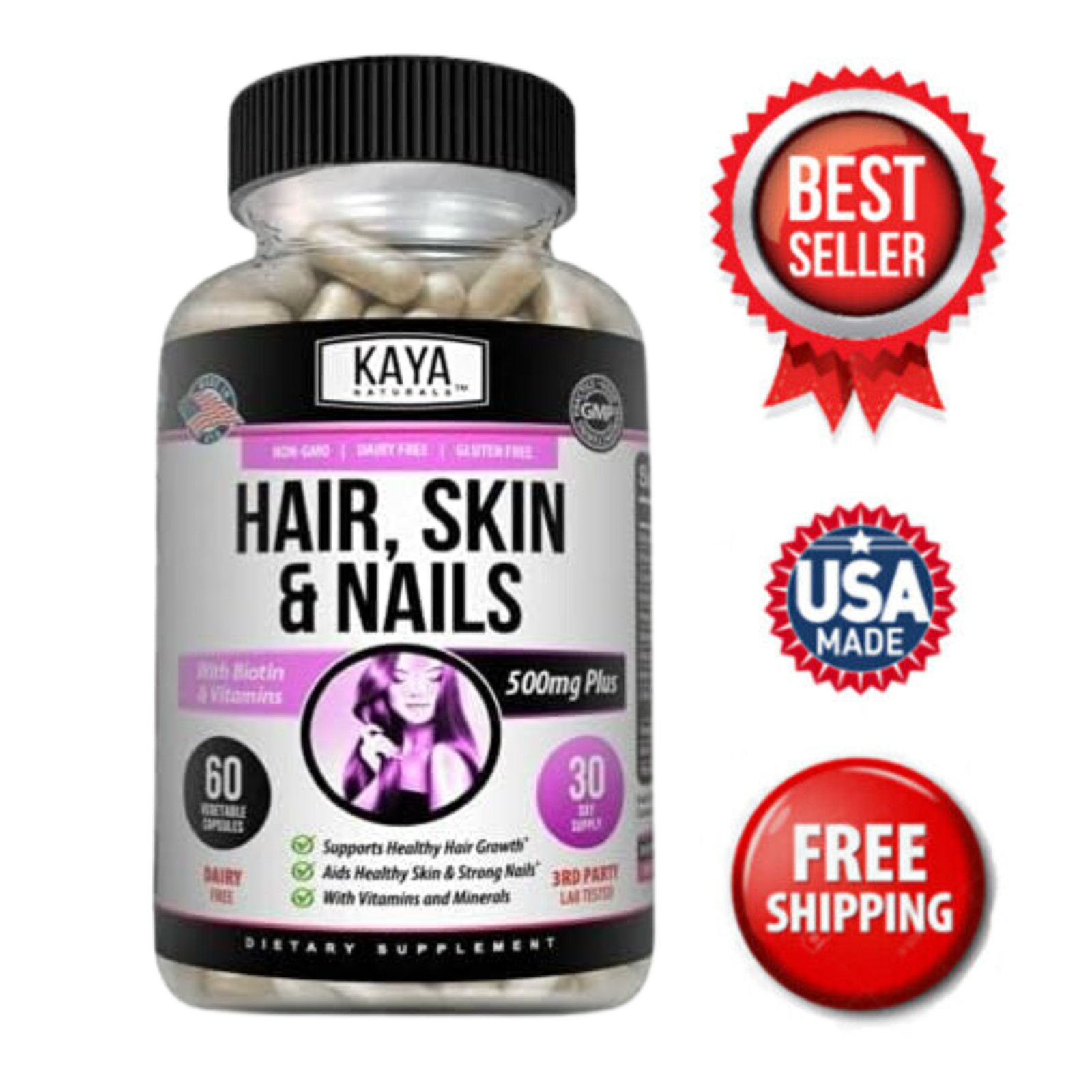 Hair Skin Nail Capsules 60ct Biotin Folate Iron Vitamin A C B1 B5 B6 B12 E D3