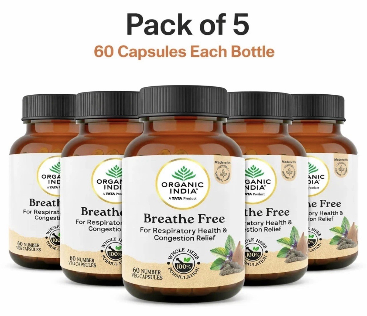 Organic India Breathe Free 60 Veg Capsules Ayurvedic Herbal Wellness 5 Pack