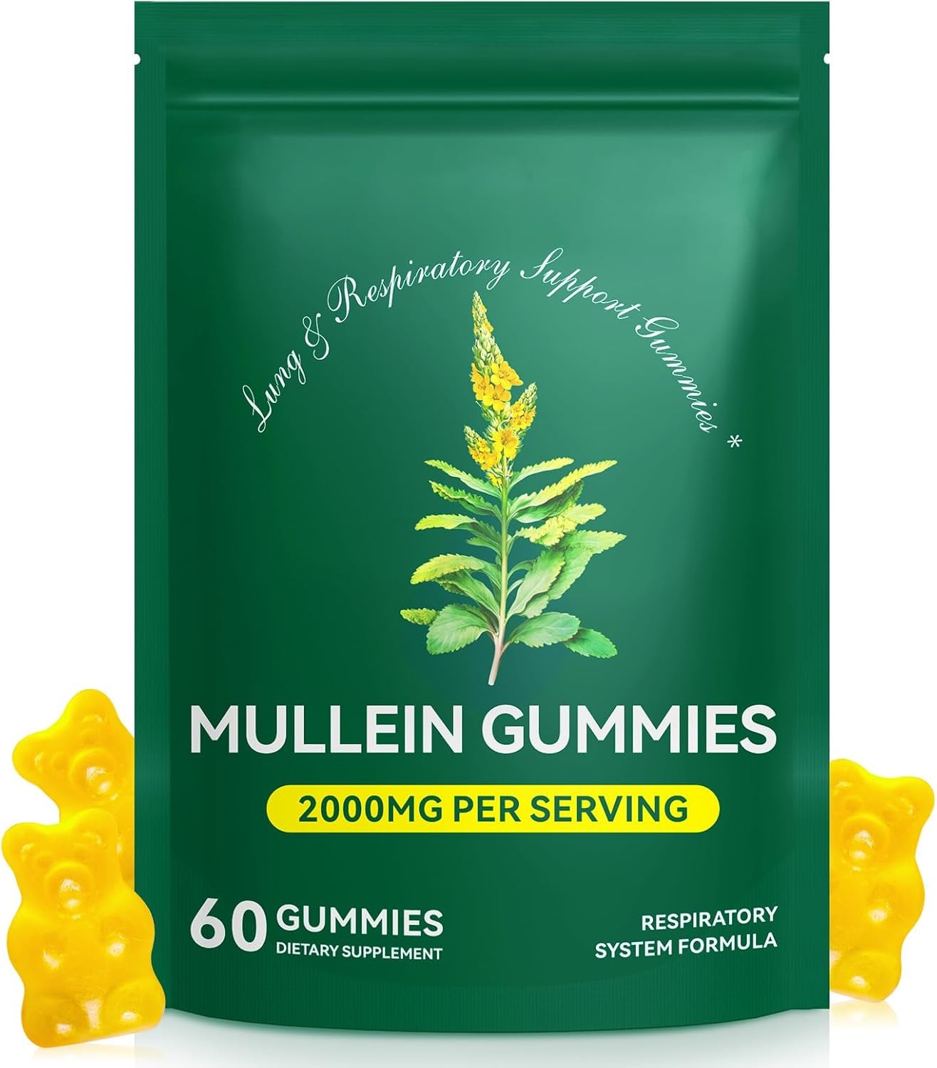Organic Mullein Leaf Gummies – 60 Count, 2000mg for Lung Support