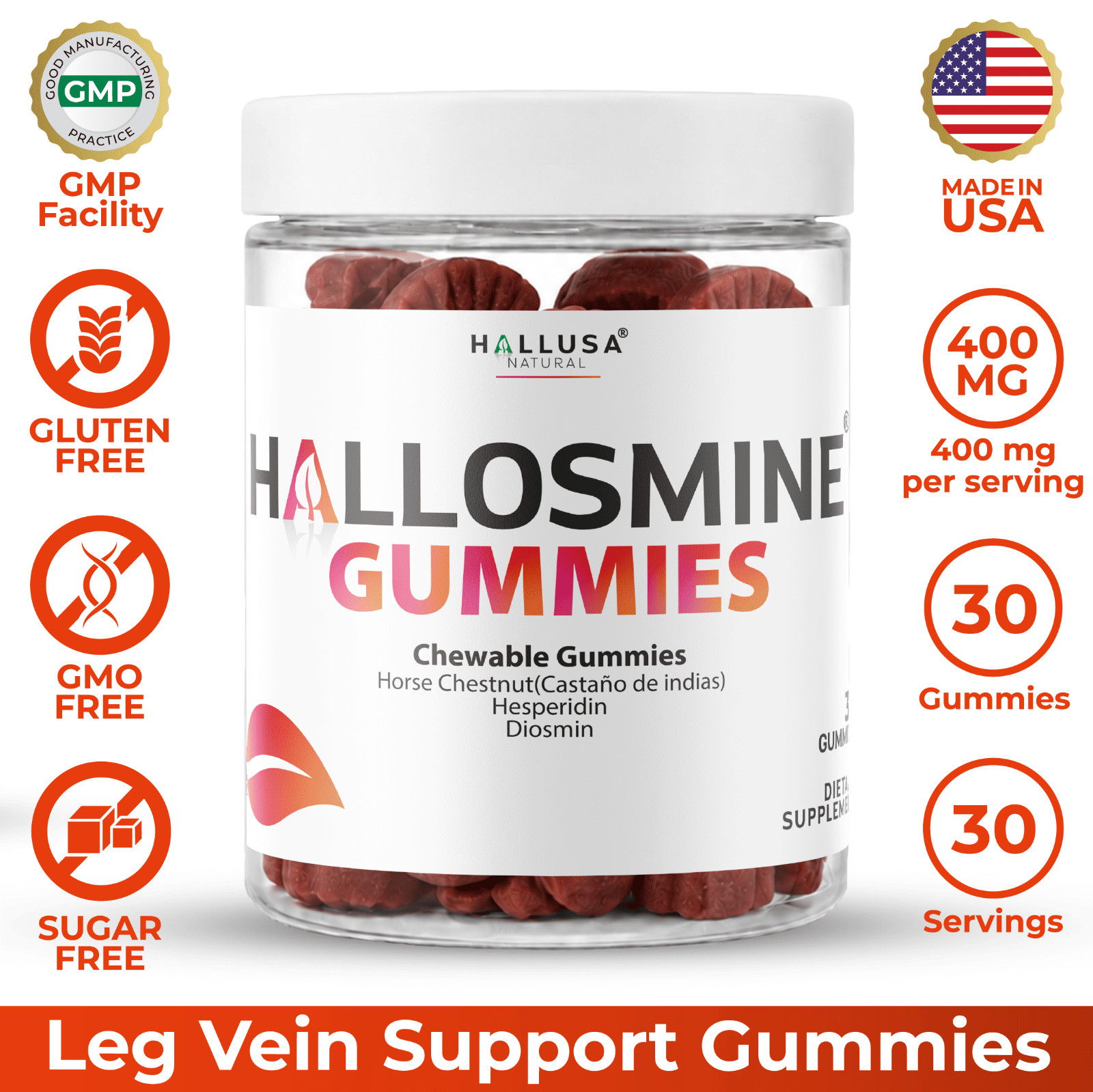 Hallusa Natural Hallosmine Gummies – Circulation & Leg Vein Support – 30 Gummies