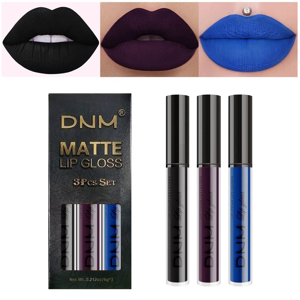 3Pcs Dark Black Purple Blue Matte Liquid Lipstick Halloween for Women L…