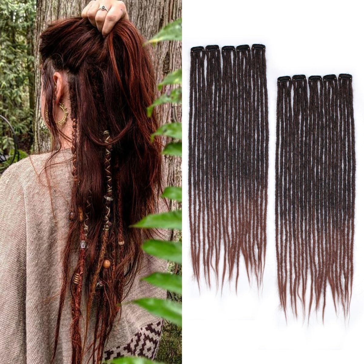 24″ Clip-In Dreadlock Hair Extensions – 10 Clips, 40 Strands, Soft Synthetic Dre