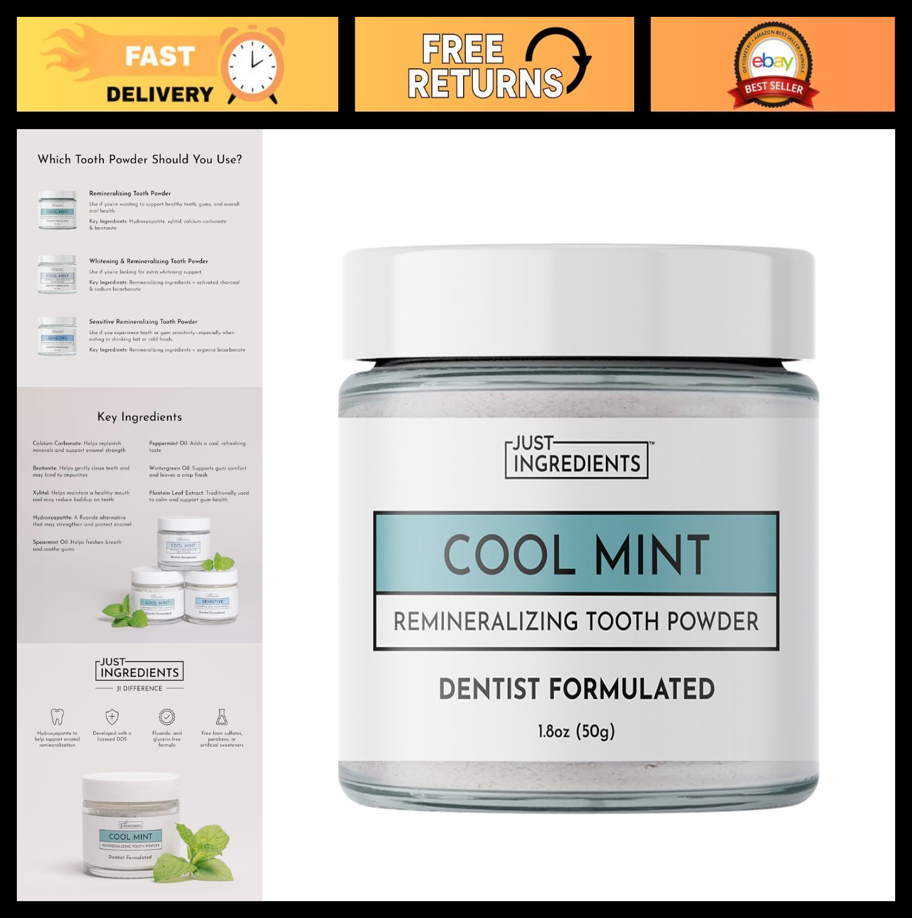 Fluoride-Free Remineralizing Tooth Powder – Whitens Teeth, Freshens Breath, Vega