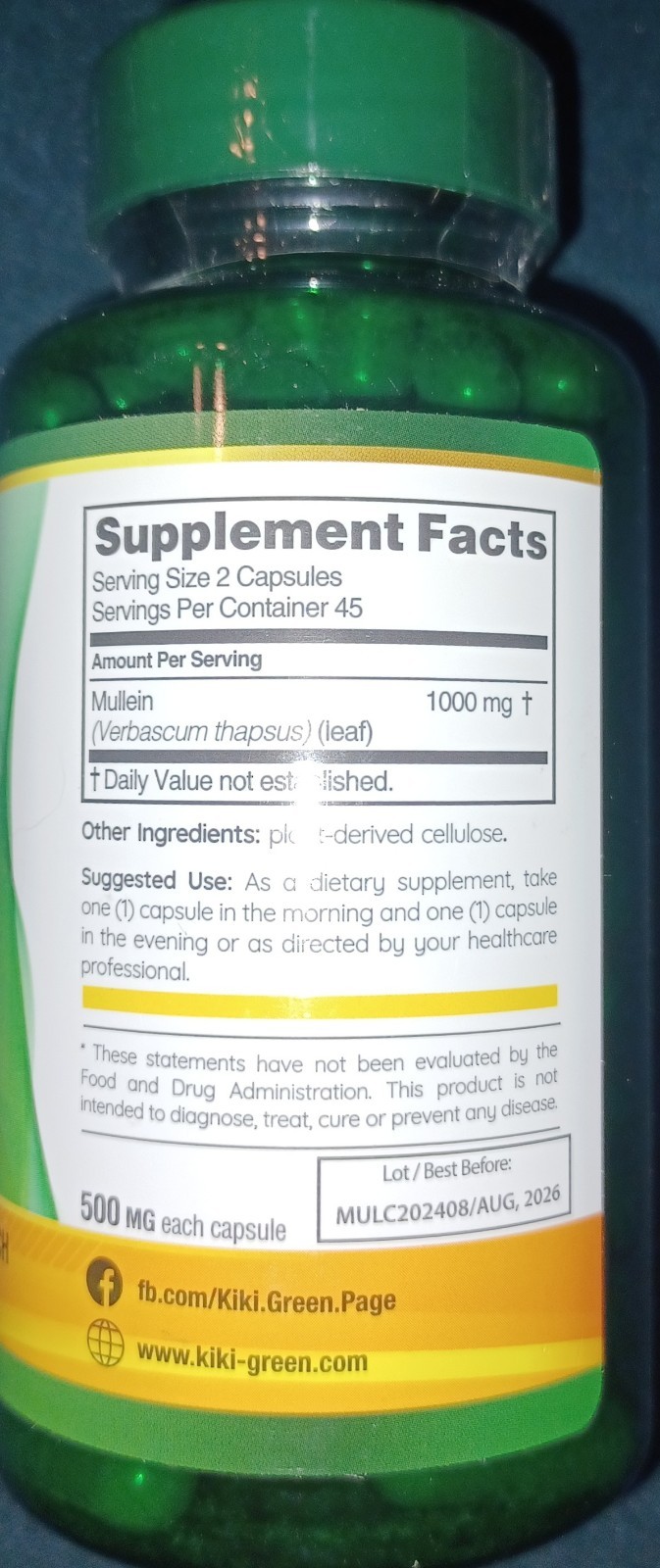KIKI Green Mullein Leaf Extract Capsules Vegan Herbal Supplement Lung Cleanse 90