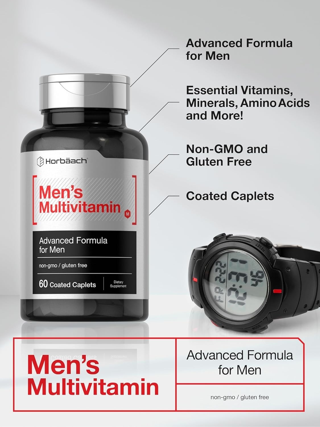 Men’s Multivitamin 50 Plus | 60 Caplets | Non-GMO & Gluten Free | by Horbaach