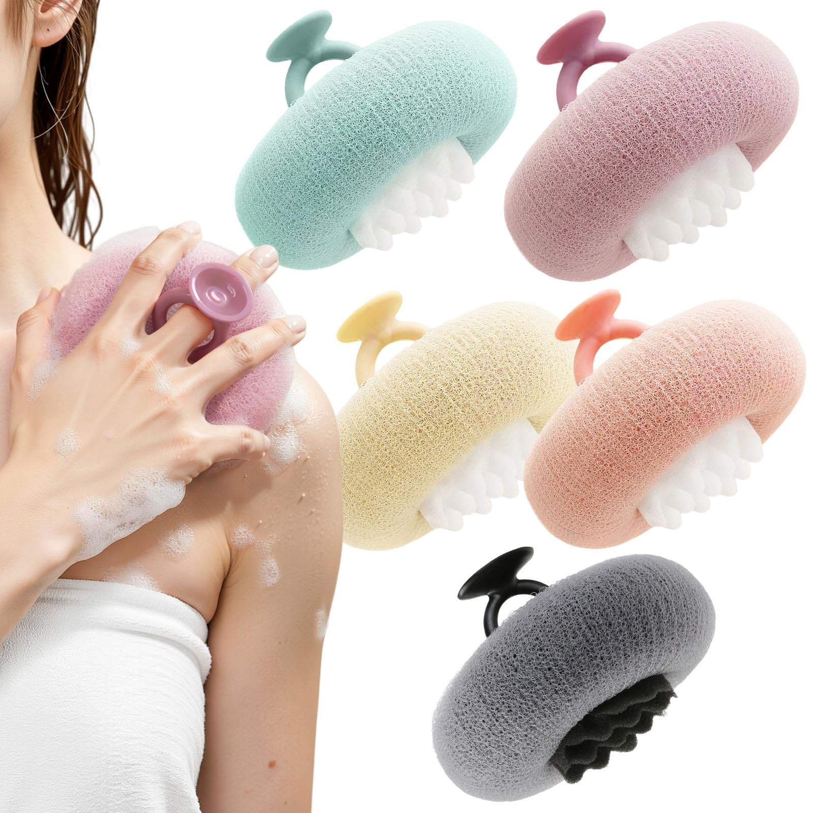 5 Pack Exfoliating Bath Sponges, 2-in-1 Loofah Body Scrubber with Suction Cup, S