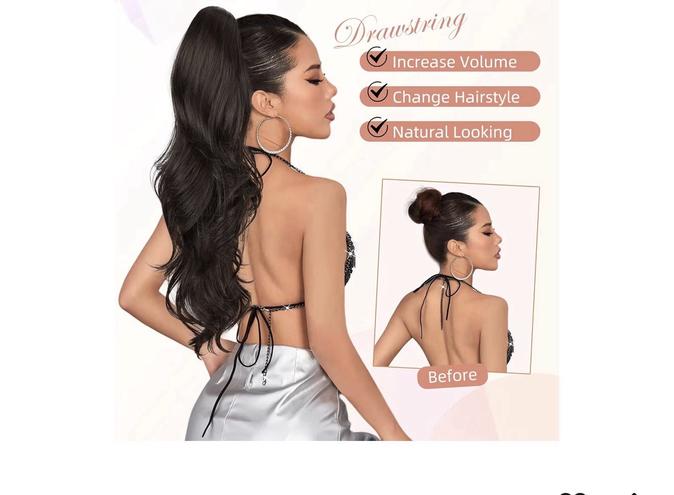 26″ Drawstring Ponytail Extension Dark Brown Long Wavy Hairpiece Women