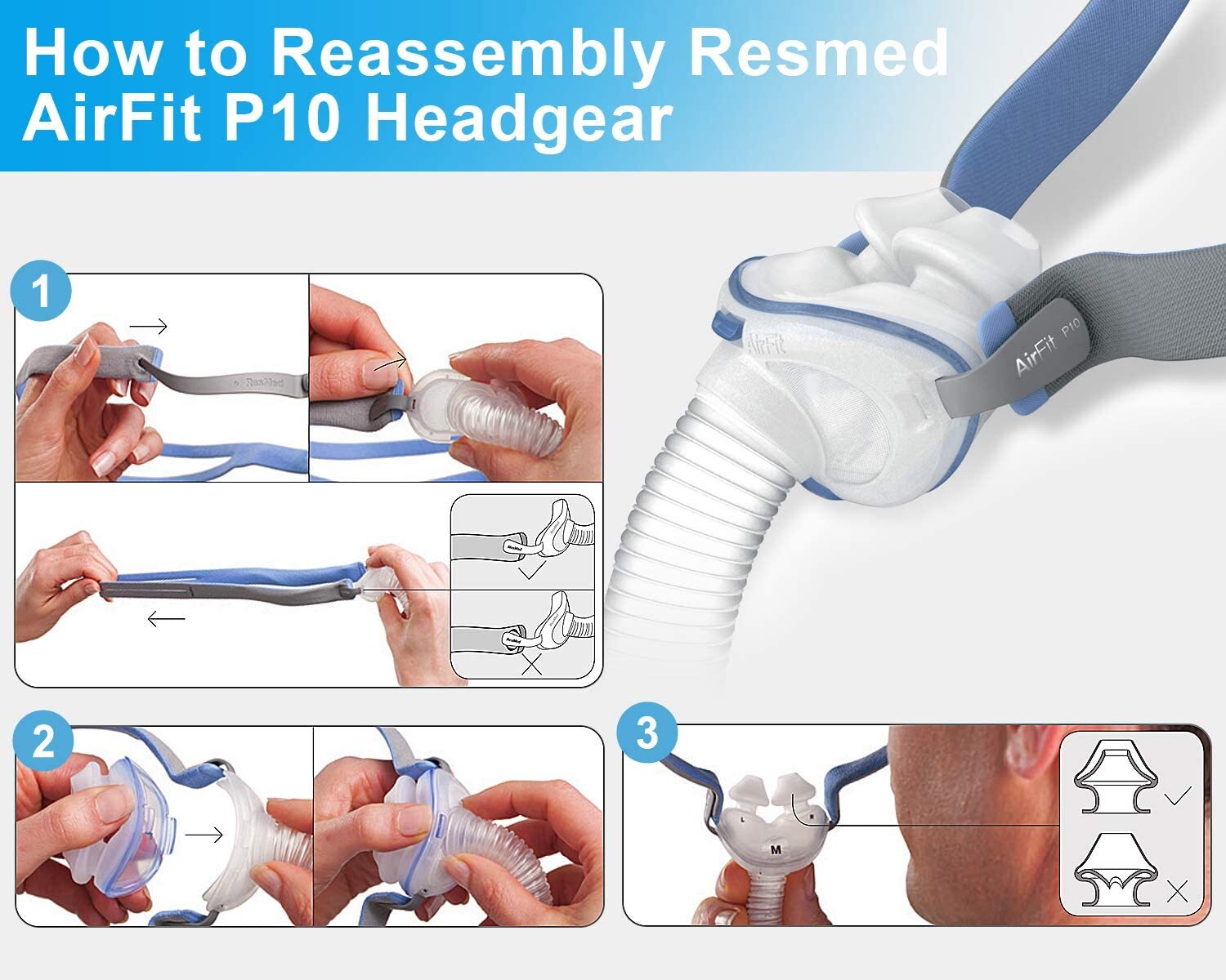 Replacement Headgear strap for ResMed Airfit P10 Nasal Pillow CPAP Mask 3 Pcs