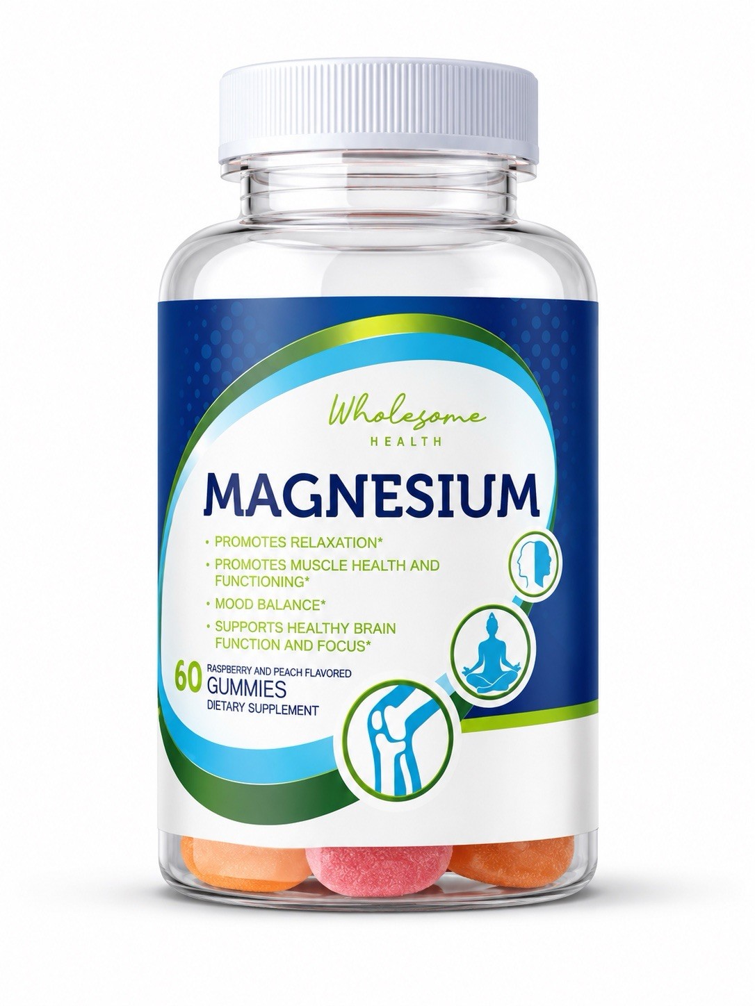 Wholesome Health Magnesium Gummy Raspberry & Peach Flavor.