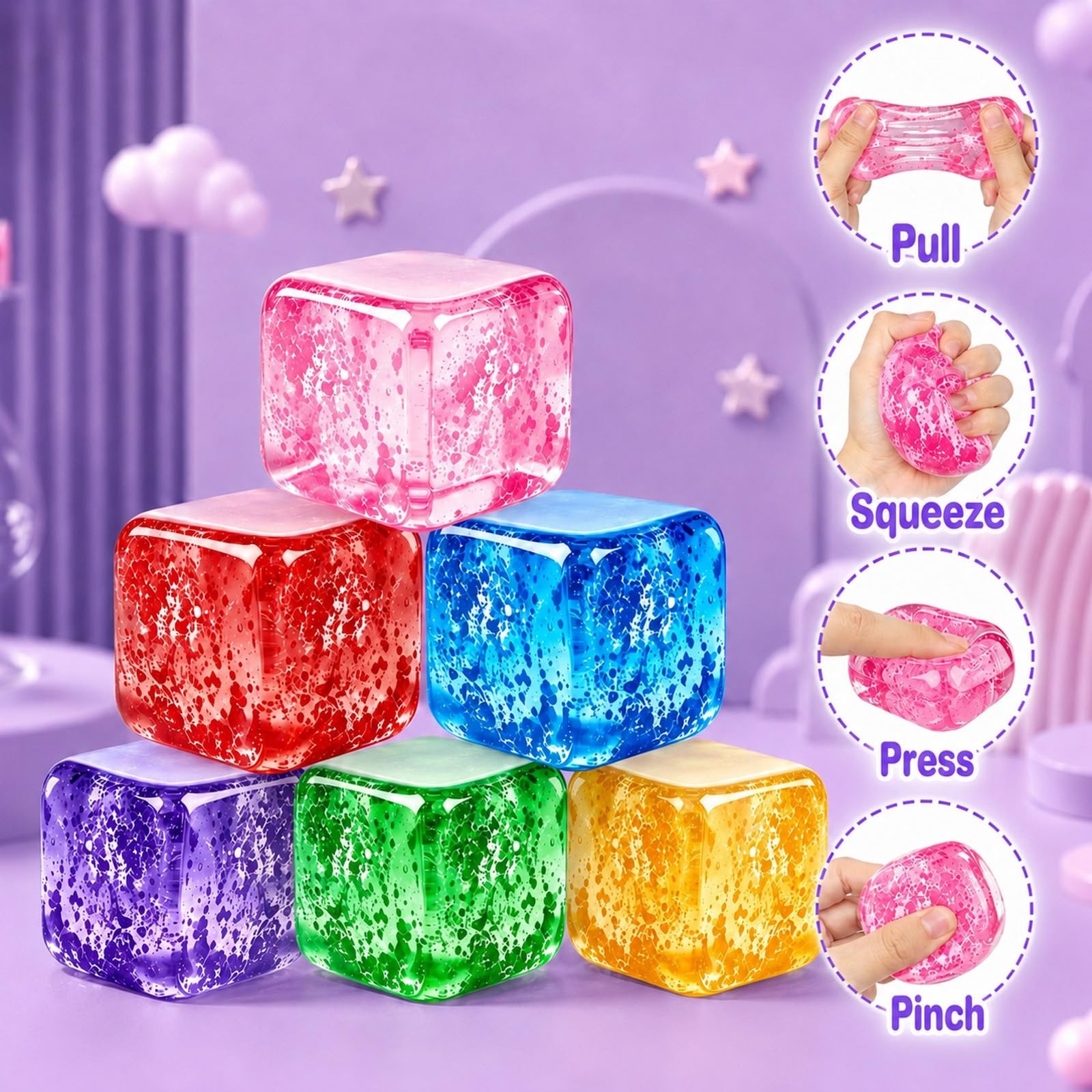 6PCS Glitter Stress Cube Balls – Squishy Fidget Toys for Anxiety Relief, Party F