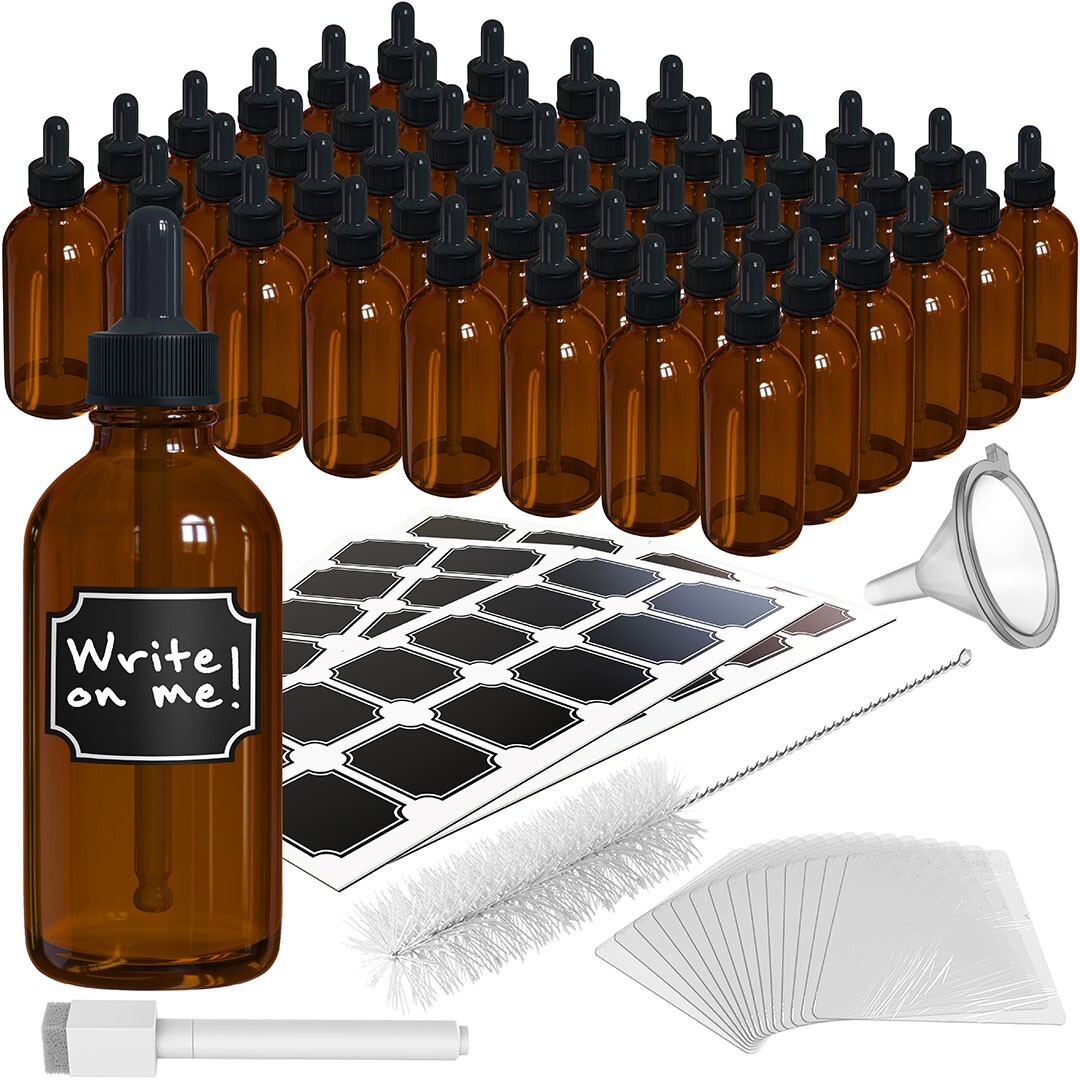 Nevlers 4 oz Amber Glass Dropper Bottle (Set of 48) | Includes Labels