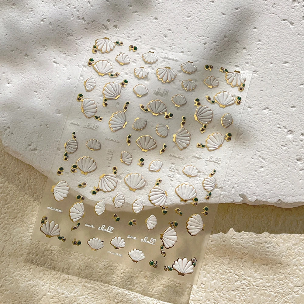 1Pcs 5D Embossed White Seashell Nail Stickers Gold Border Scallop Self Adhesive