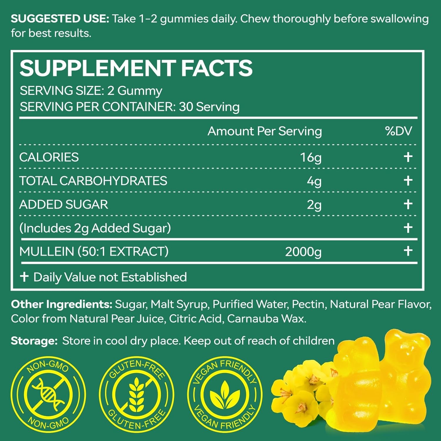 Organic Mullein Leaf Gummies – 60 Count, 2000mg for Lung Support