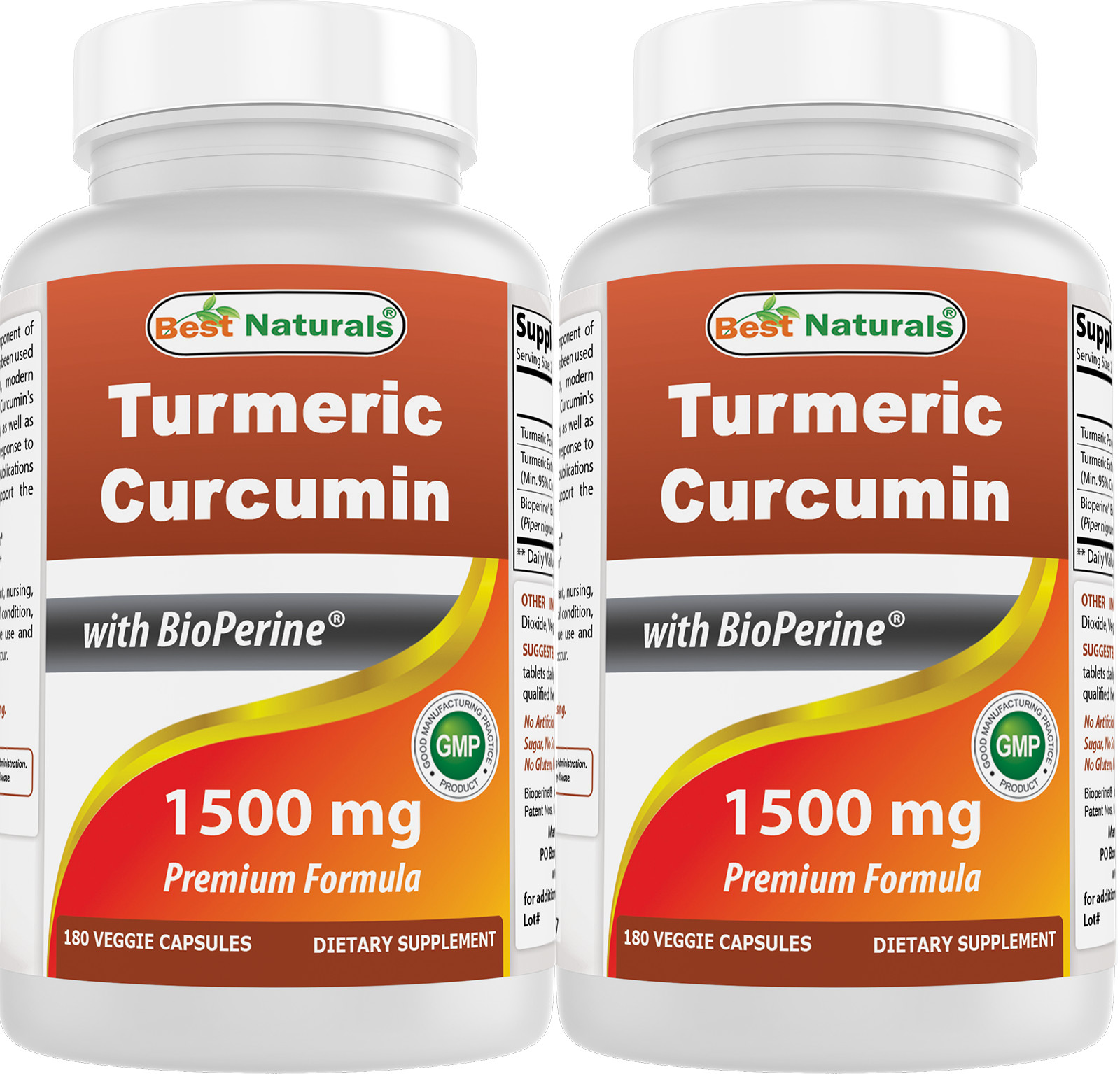 2 Pack Best Naturals Turmeric Curcumin 1500mg 180 Vegetarian Capsules