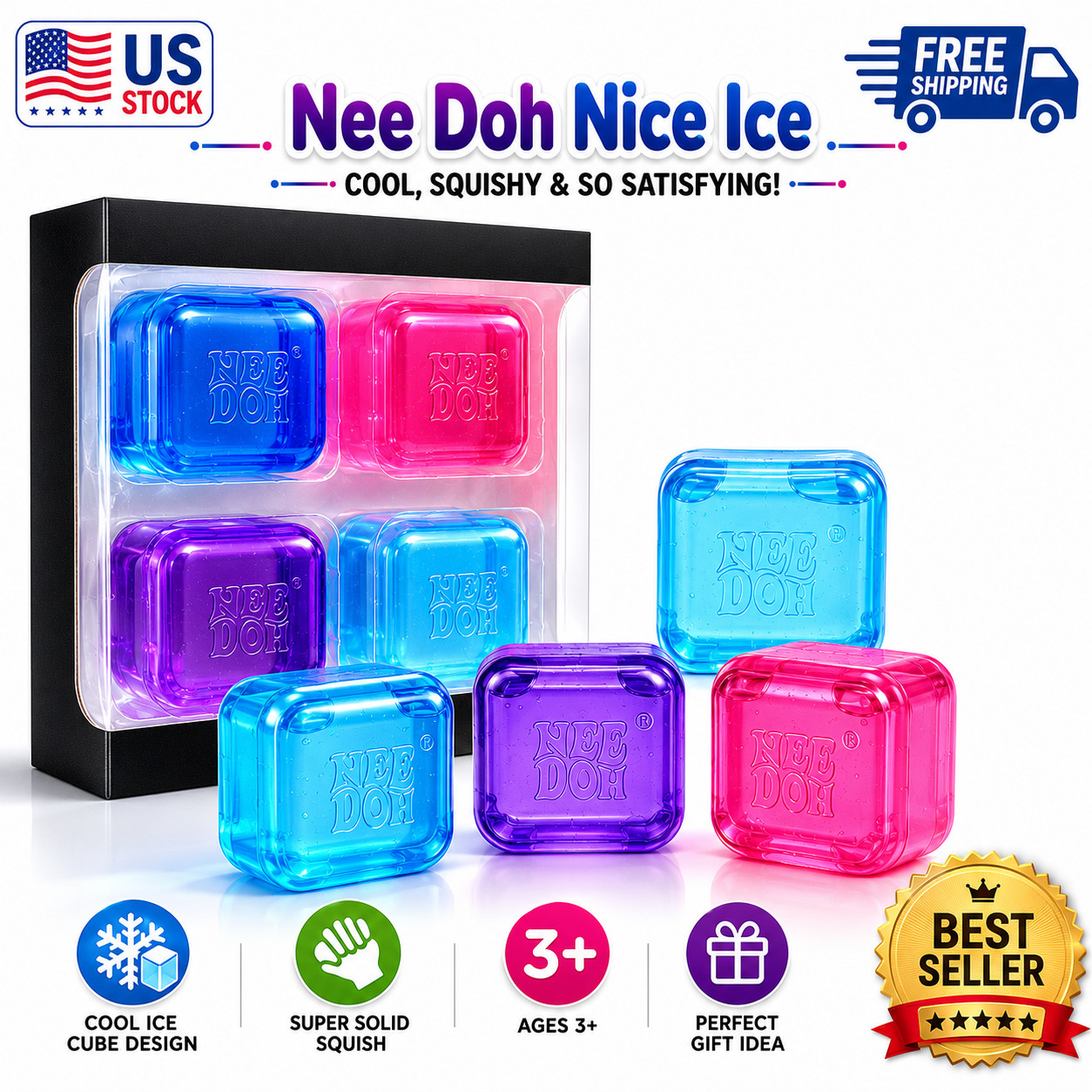 Nee Doh Nice Ice Baby Super Solid Squish Cube Set 4 Pack Pink/Blue/Purple