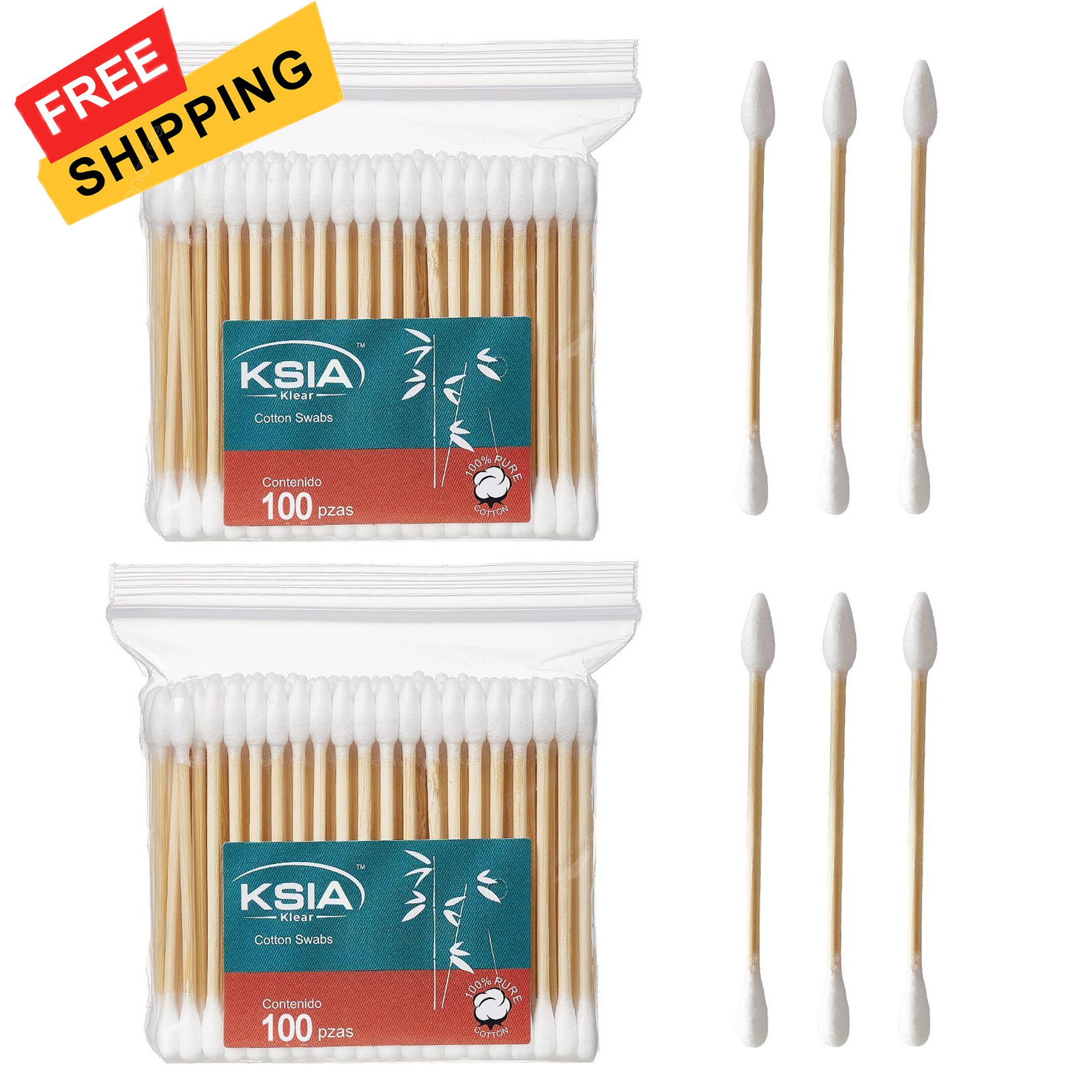 KSIA Klear Cotton Swabs 200 Count, Double Tipped Bagged – 2-pack, White