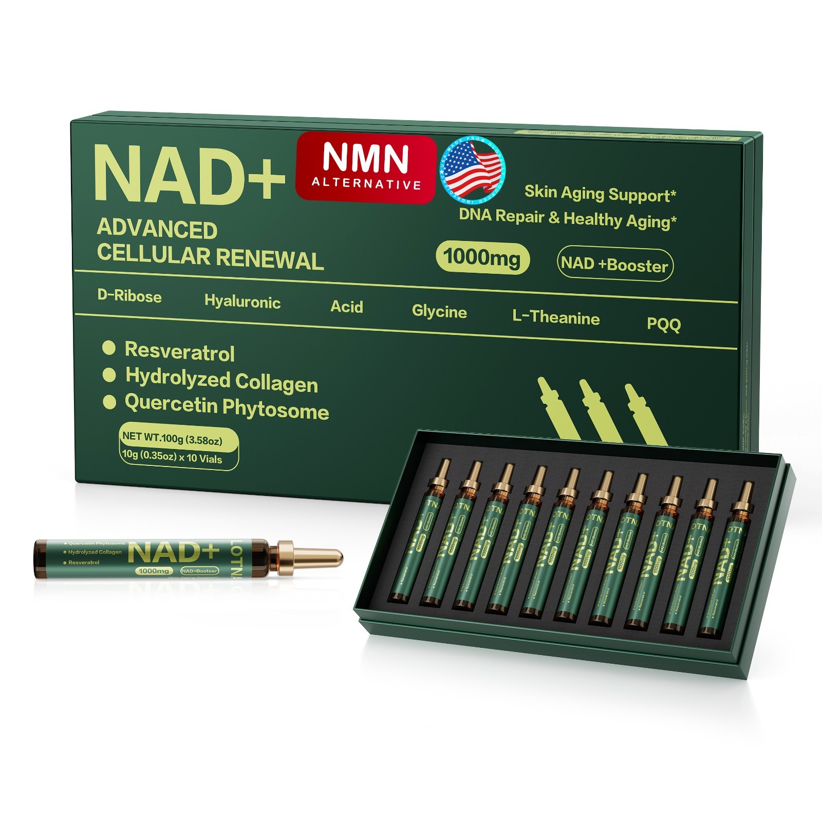 NAD+ Supplement with Resveratrol for Anti-Aging Energy Focus Berry Flav 10 Vials