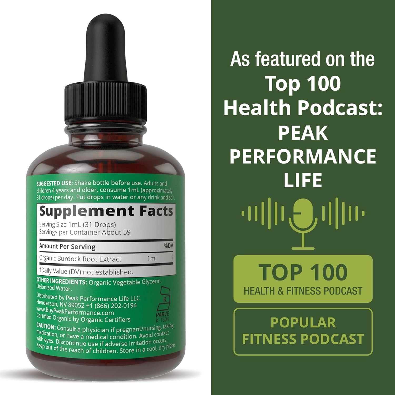 New Peak Performance USDA Organic Burdock Root Liquid Drops 2 Fluid Oz Bottle