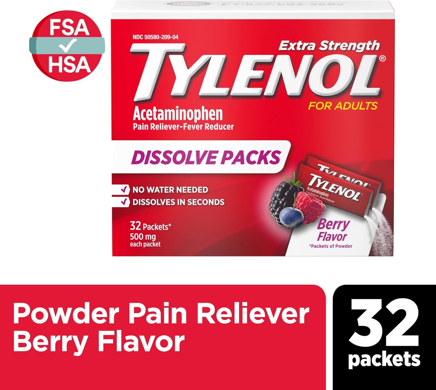 Tylenol Extra Strength Dissolve Powder Packs, 500 mg Acetaminophen 32 Count