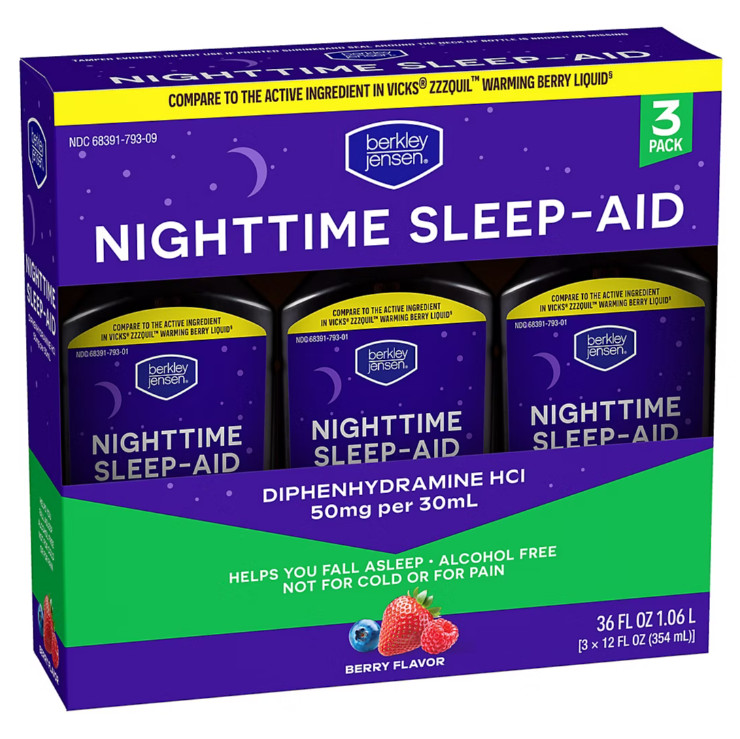 Berkley Jensen Night Time Sleep Aid Diphenhydramine HCl 50mg Liquid, 3 PACK
