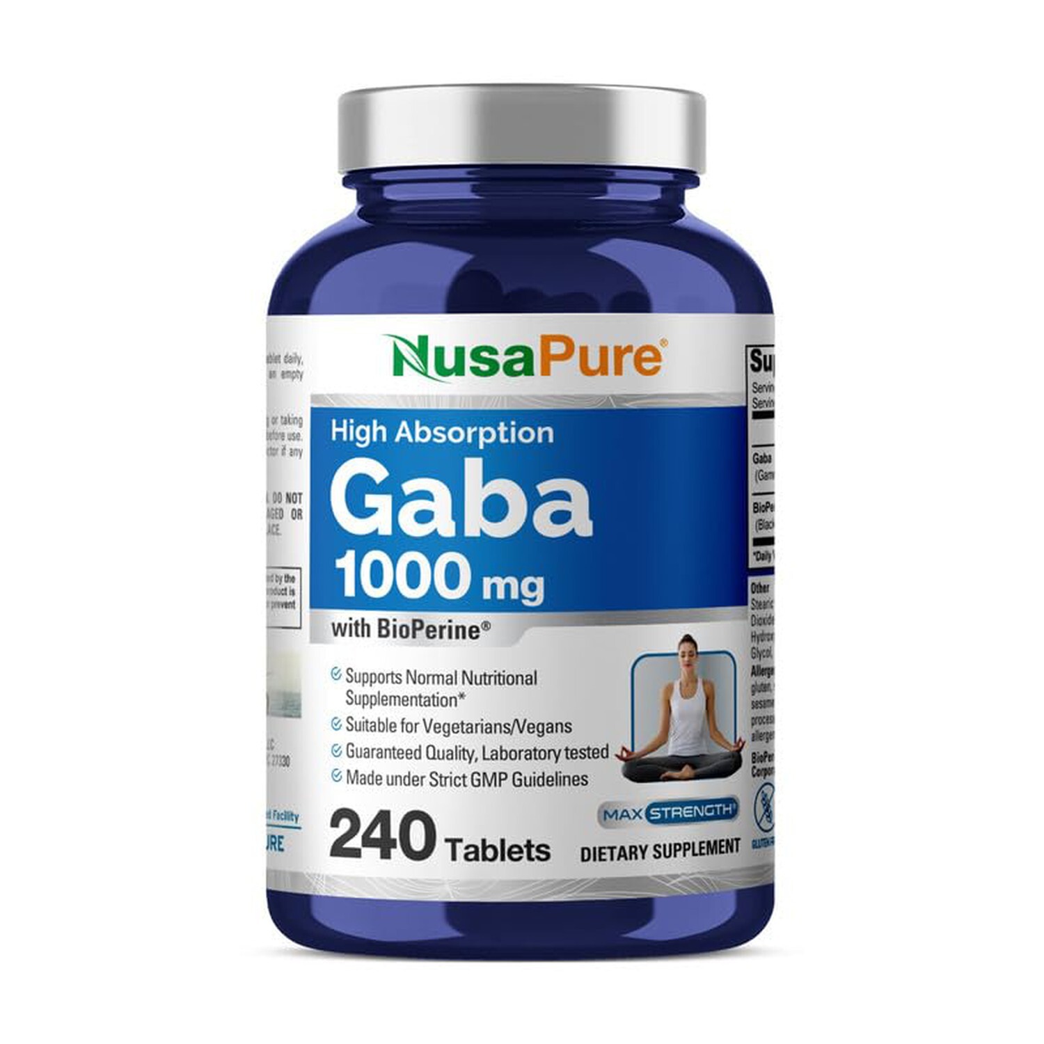 NusaPure GABA 1000 mg 240 Tablets (Vegan, Non-GMO, Gluten-Free) Bioperine