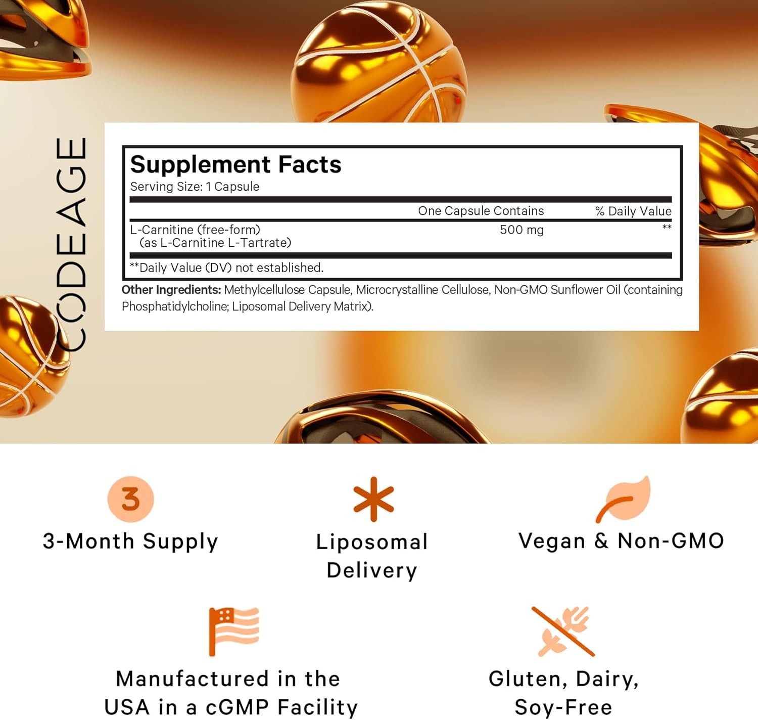 codeage Liposomal L-Carnitine+, 500 mg , 90 Capsules
