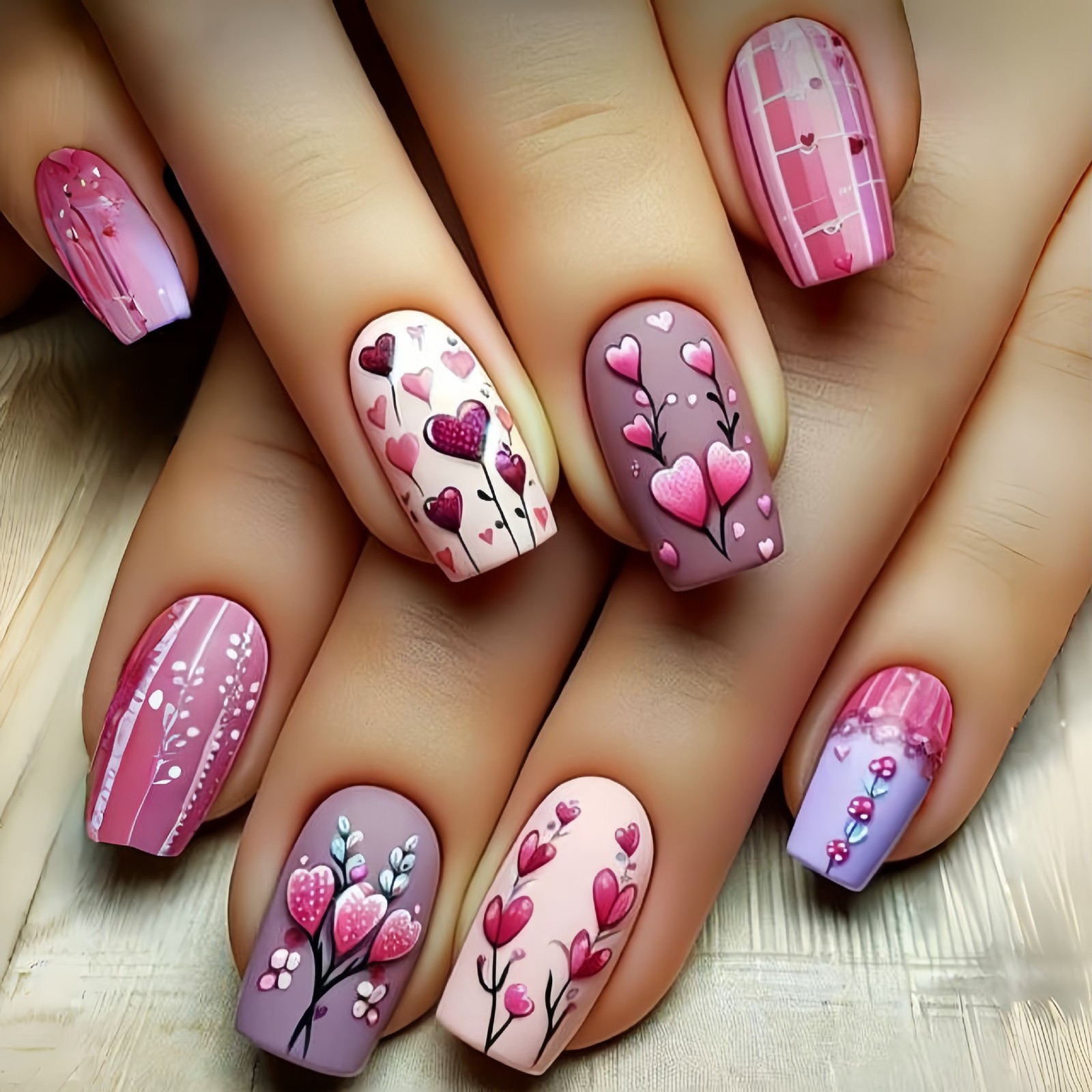 96pcs Cute Sweet Press-on Nails Rainbow Heart Floral Colorful Party Nails Art