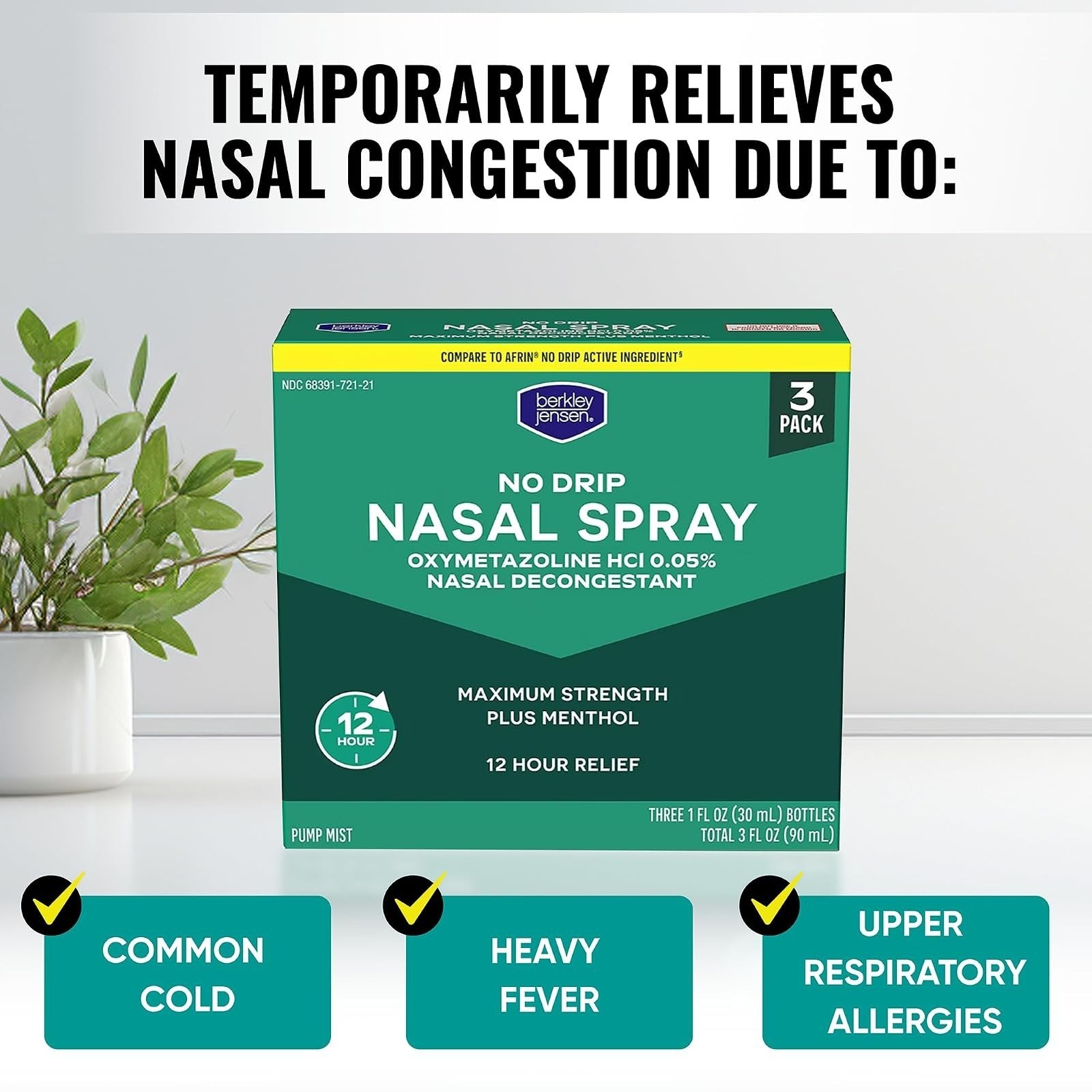 Berkley Jensen No Drip Severe Congestion Nasal Spray – 1 Fl Oz (Pack of 3)