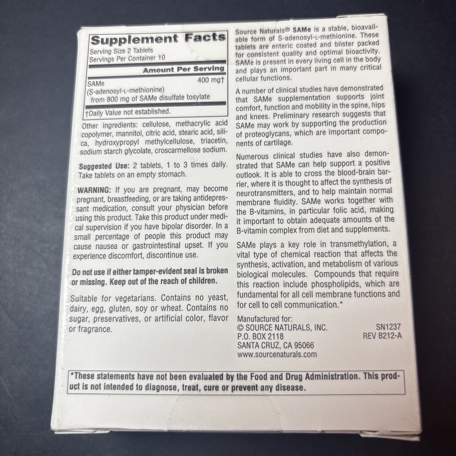 Source Naturals SAMe (s-adenosyl-l-methionine) 200mg, 20 Tablets New Sealed Box