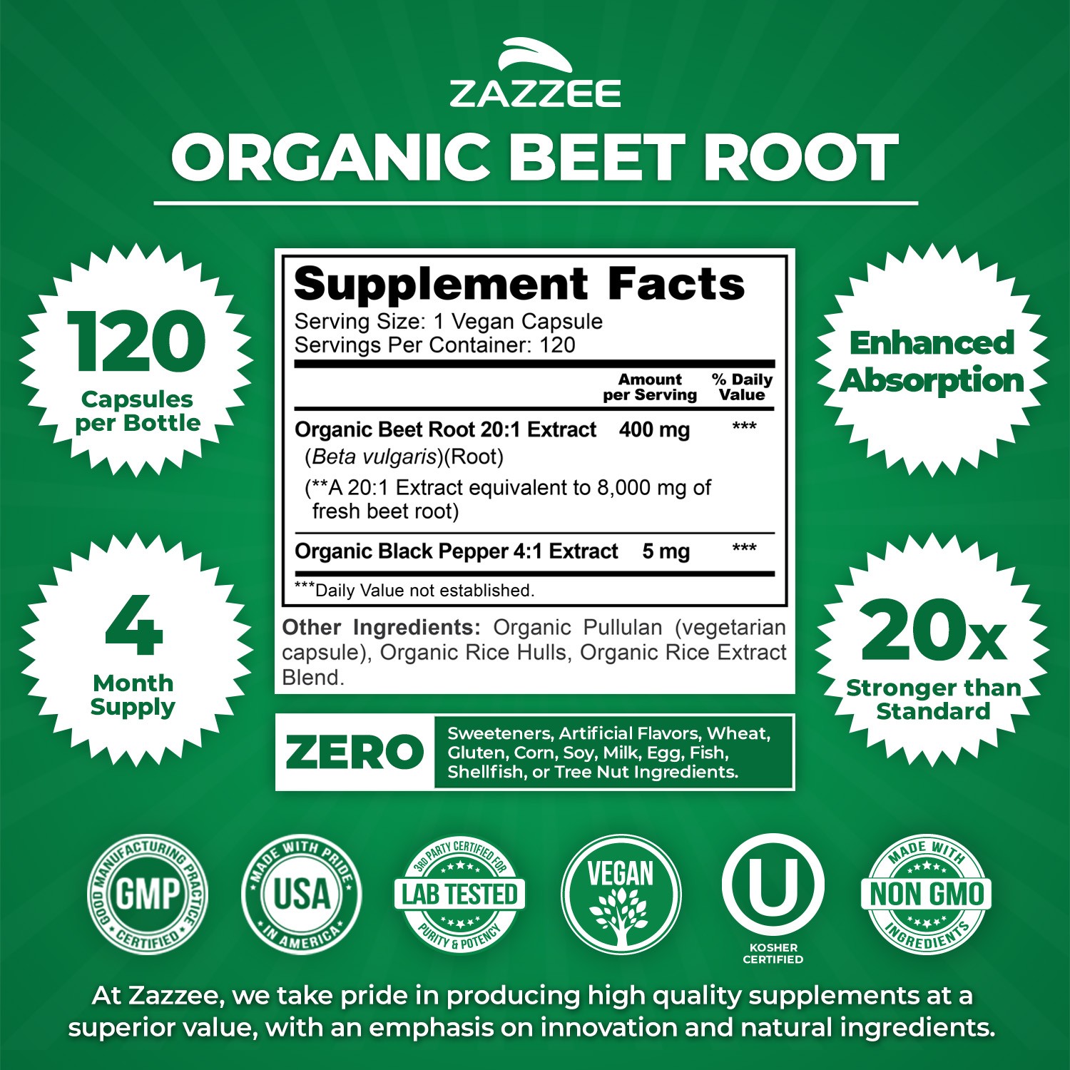 USDA Organic Extra Strength Beet Root 20:1 Extract 8000 mg Strength 120 Capsules