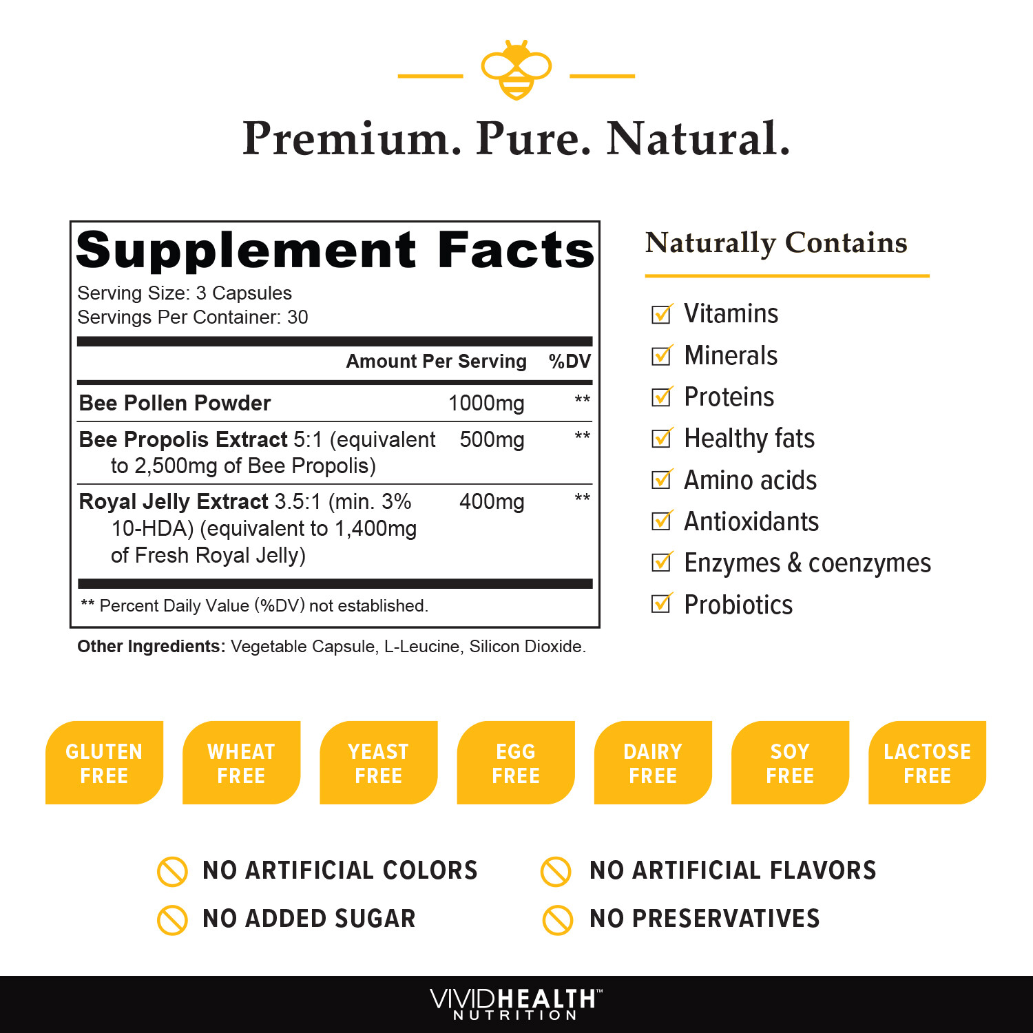 Immune Boosting Royal Jelly Supplement (3 Bottles) with Bee Pollen & Propolis