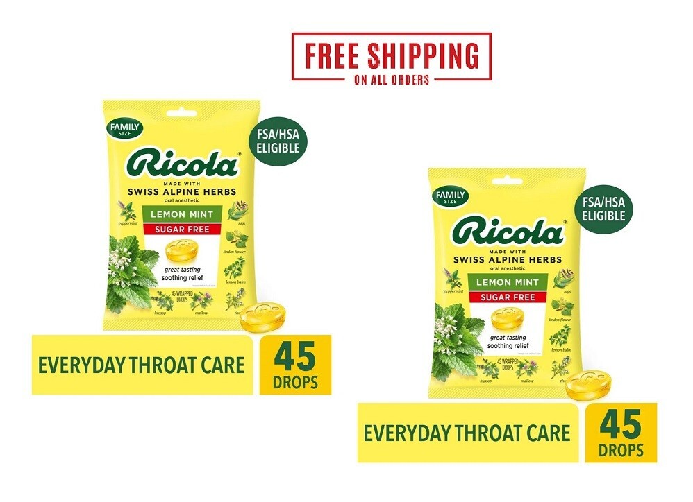 2pack Ricola Sugar Free Lemon Mint Throat Drops, Refreshing Throat – 45 Ct New