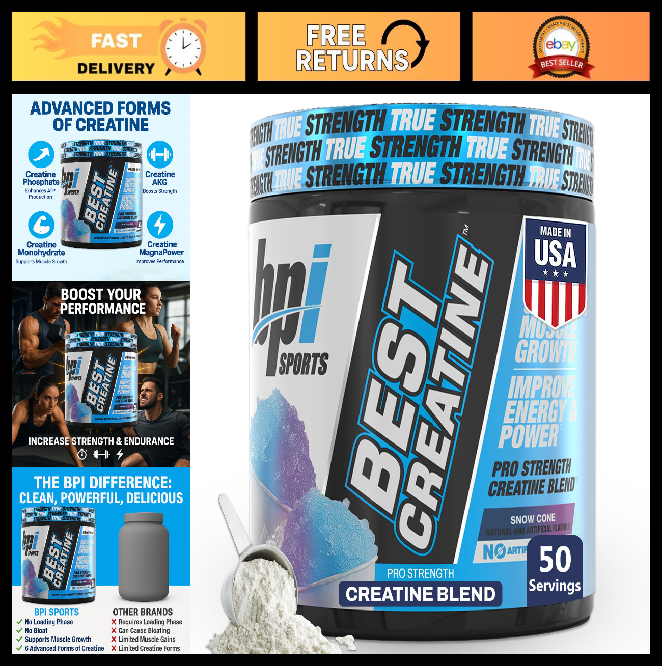 Creatine Monohydrate Powder – Strength, Endurance, Muscle Growth, No Bloat – 50