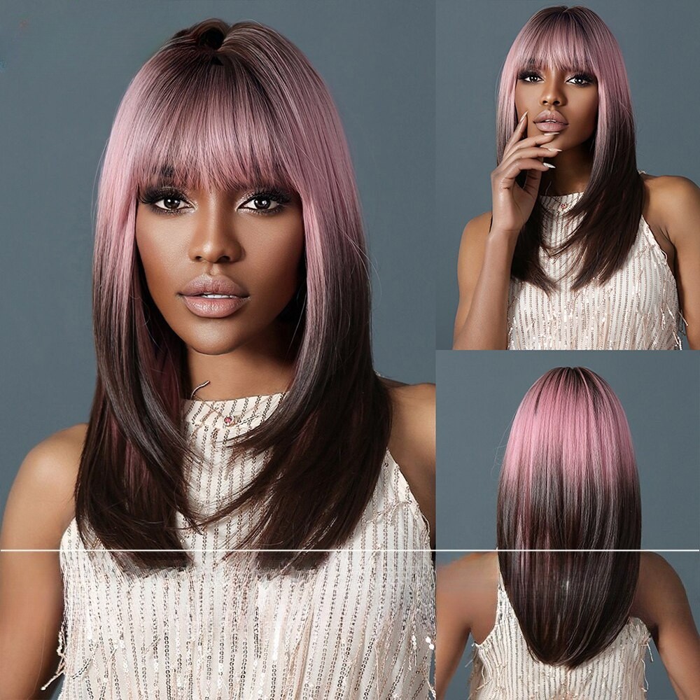 Pink Ombre Brown Wig For Women 22in Long Straight Hair Layered Cosplay Punk Wig