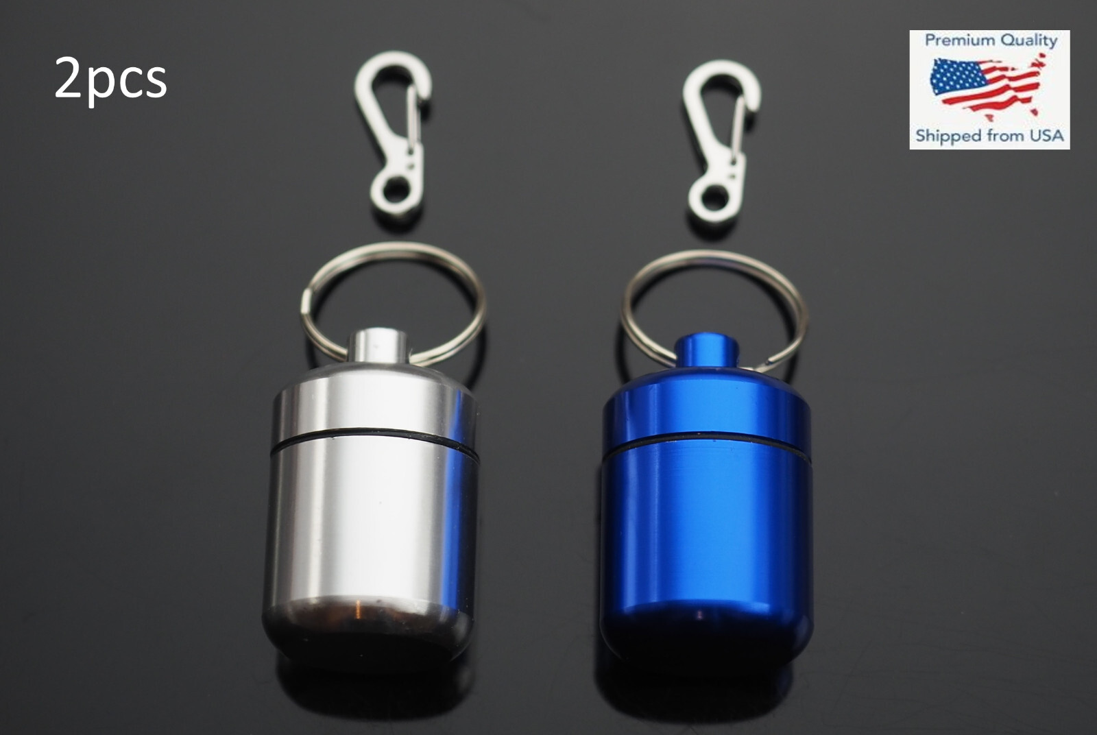 2 PCS Waterproof 1″ Wide Pill Capsule Bottle Keychain & Clip – Silver & Blue