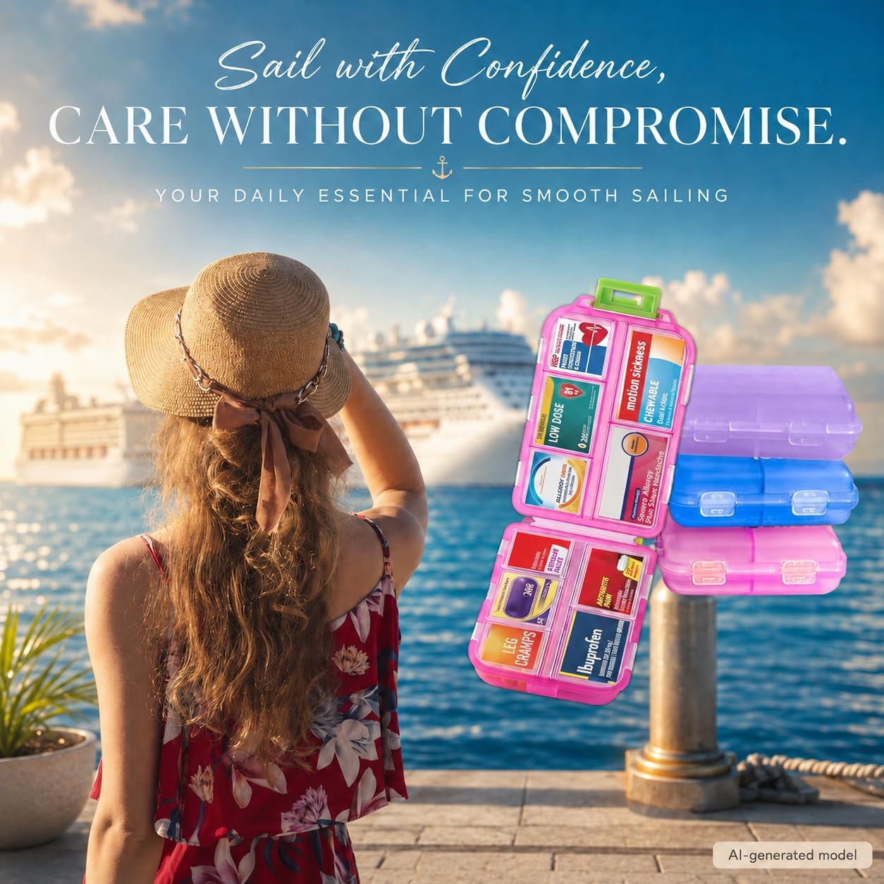 3 Pack Pill Organizers with Medicine Labels, Pink Blue Purple