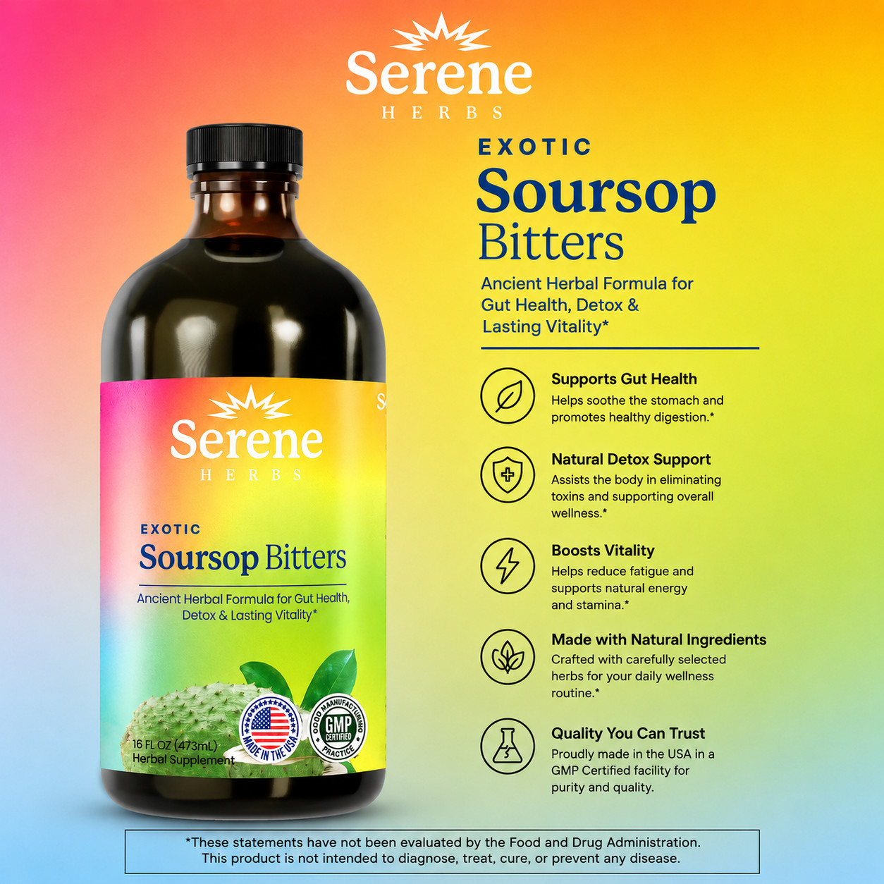 Serene Herbs Soursop Bitters Liquid 16 fl oz Herbal Detox Gut Health Support