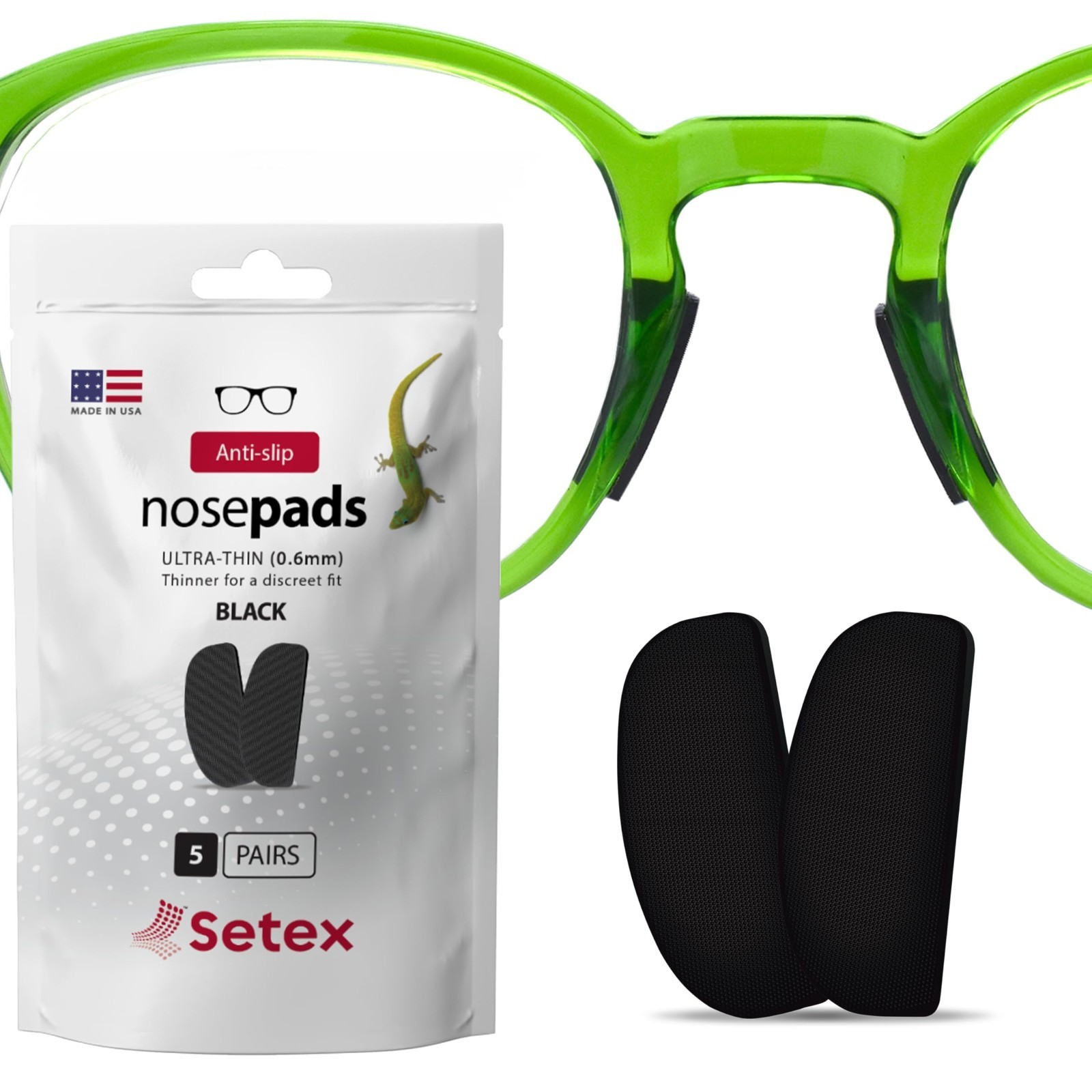 Ultra-Thin Anti-Slip Eyeglass Nose Pads – 5 Pairs Black, 0.6mm, USA Made, Micros