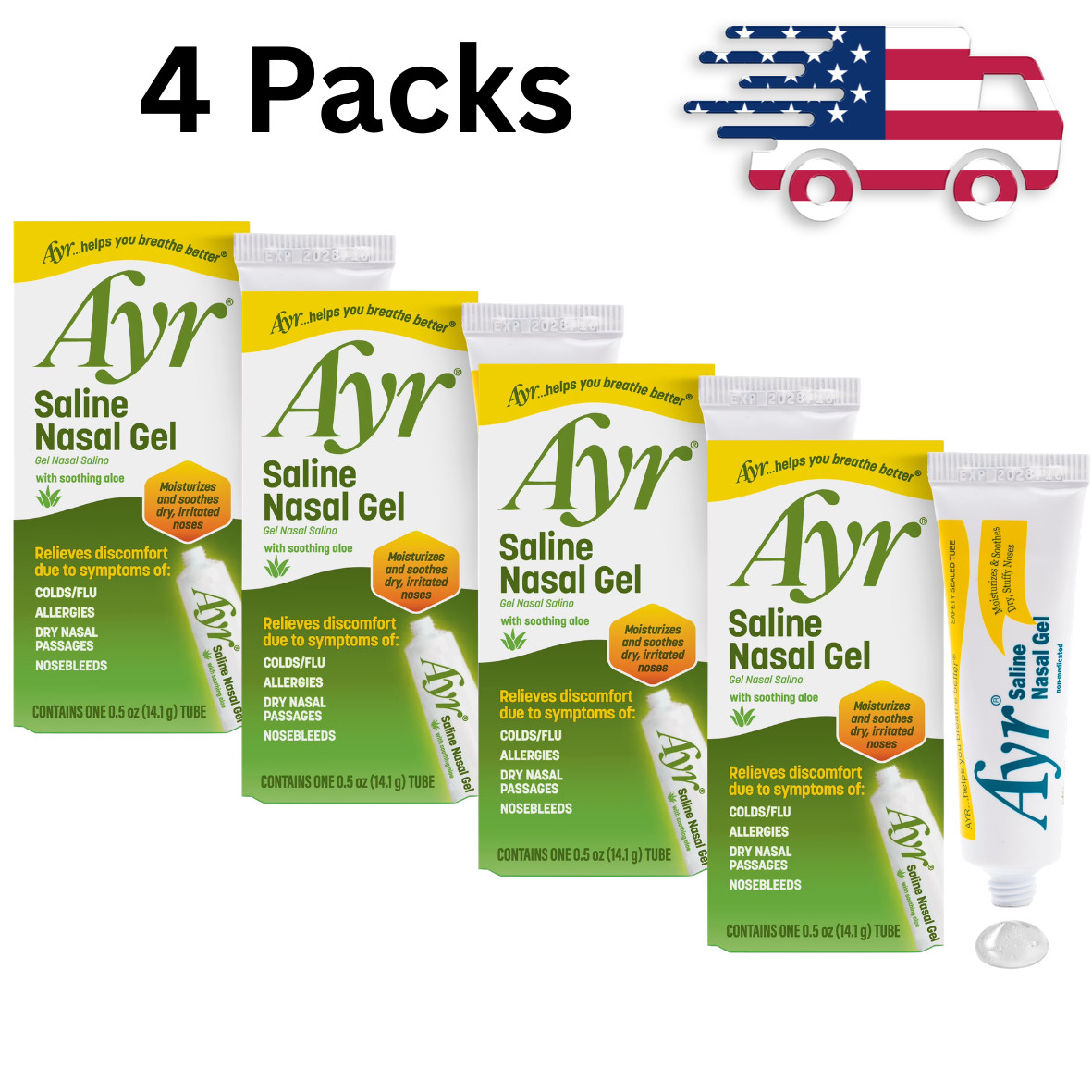 ( 4 PACK ) Ayr Saline Nasal Gel, With Soothing Aloe, 0.5 Ounce Tube