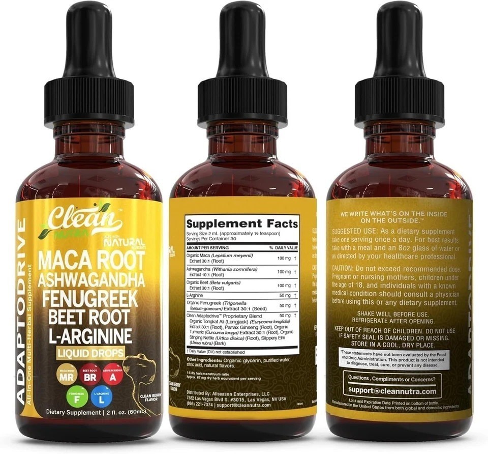 Clean Nutra Multi Herbal Liquid Drops Organic Maca Root Adaptogen Blend Daily
