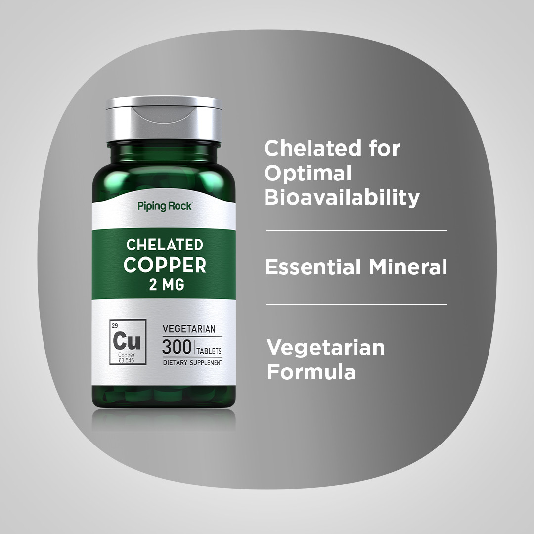 Chelated Copper 2 mg | 300 Tablets | Non-GMO, Gluten Free | By Piping Rock