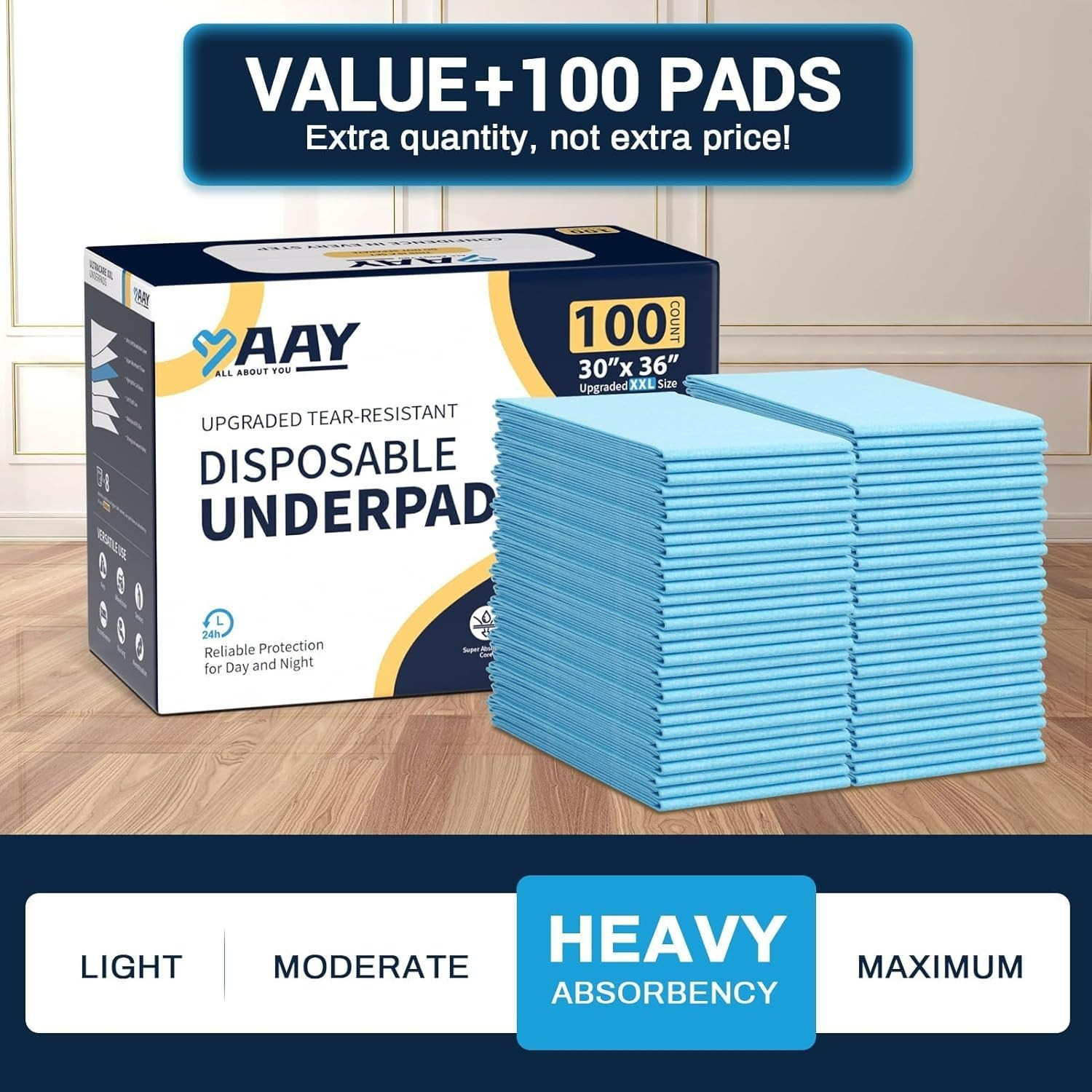 AAY 100pcs Disposable Underpads Size 30″X36″ XXL Tear-Resistant Super Absorbent