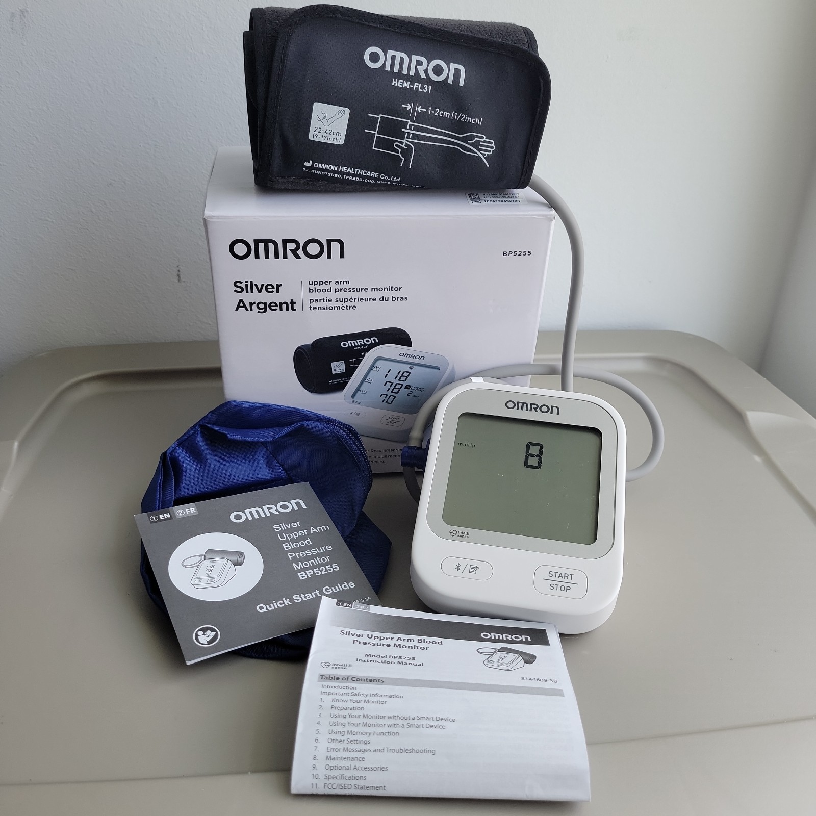 Omron BP5255 Blood Pressure Monitor Silver Argent Upper Arm Cuff Travel Bag Box