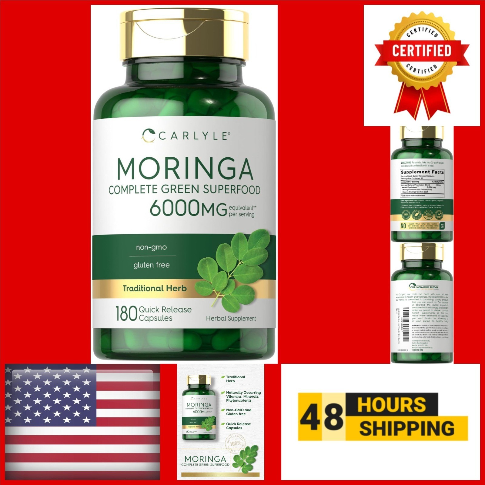 Carlyle Moringa Oleifera Supplement – 180 Capsules – Non-GMO, Gluten Free