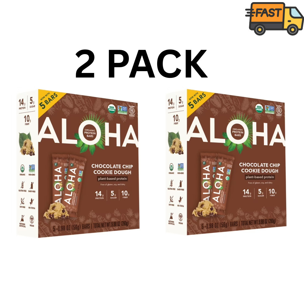 ALOHA Chocolate Chip Cookie Protein Bars 14g Plant Based Pack of 2