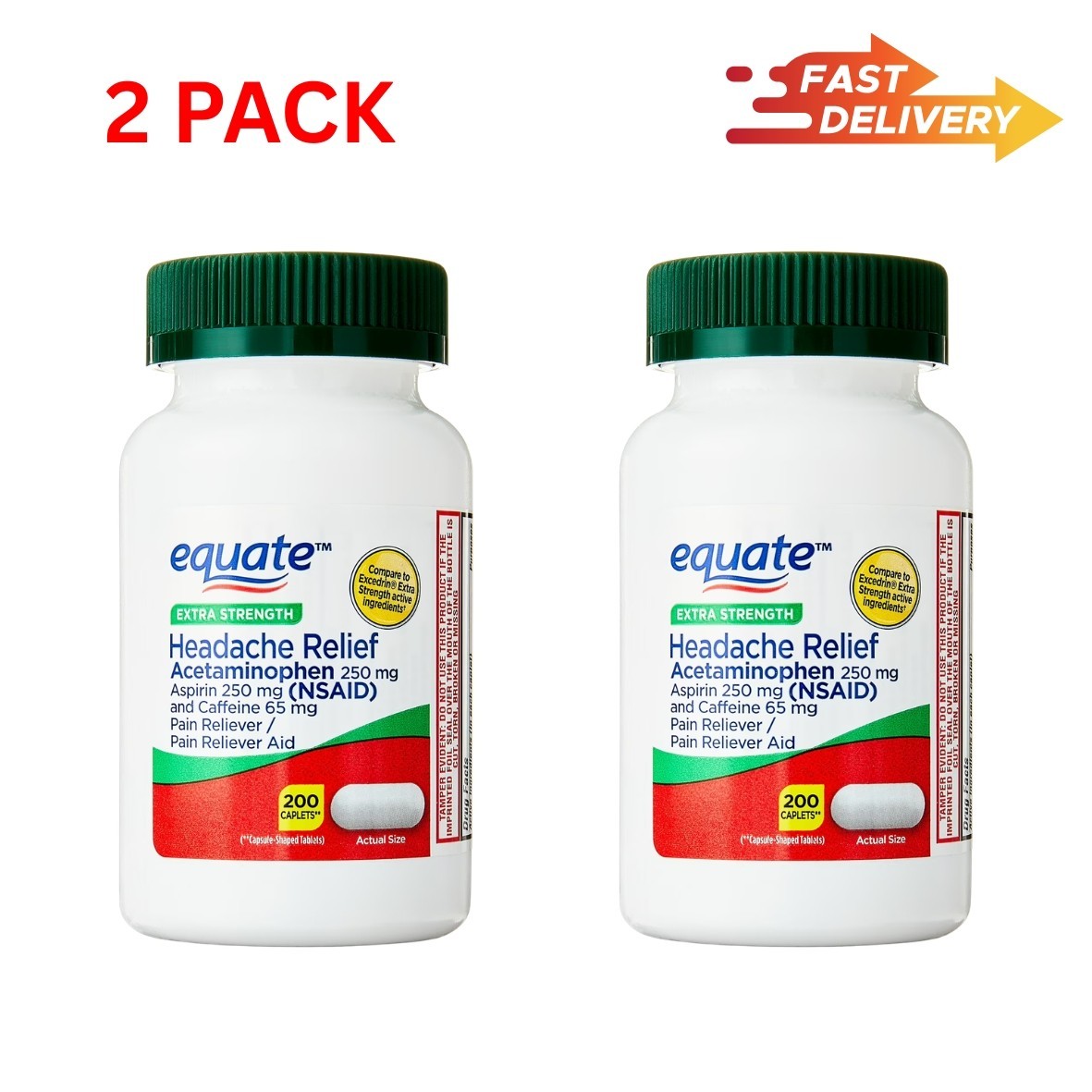 Equate Extra Strength Headache Relief Caplets, 250mg, 200 Count pack 2